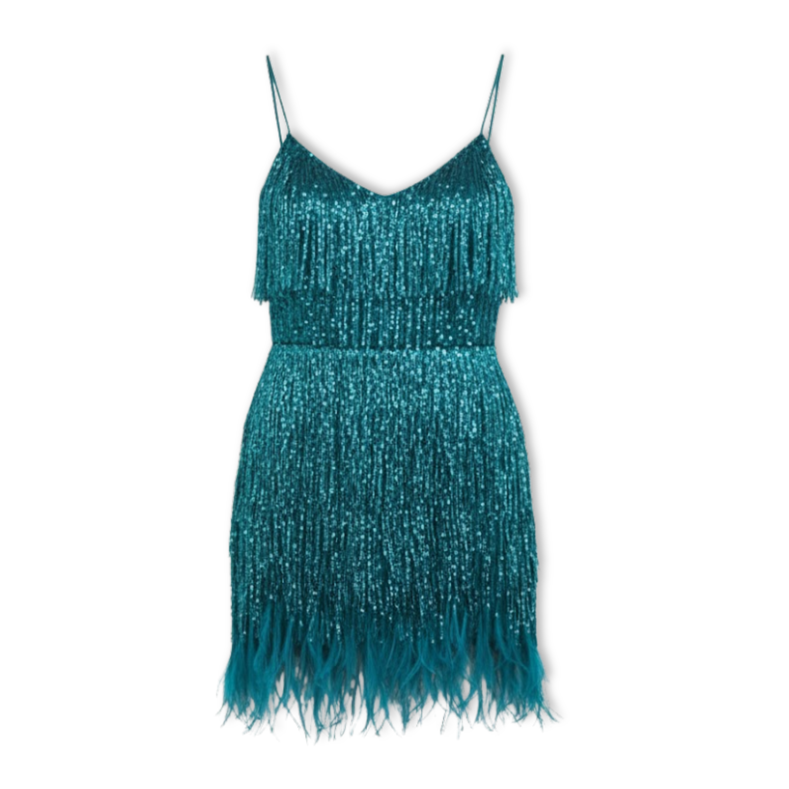 Robe de soirée à paillettes et plumes avec encolure en V et fines bretelles