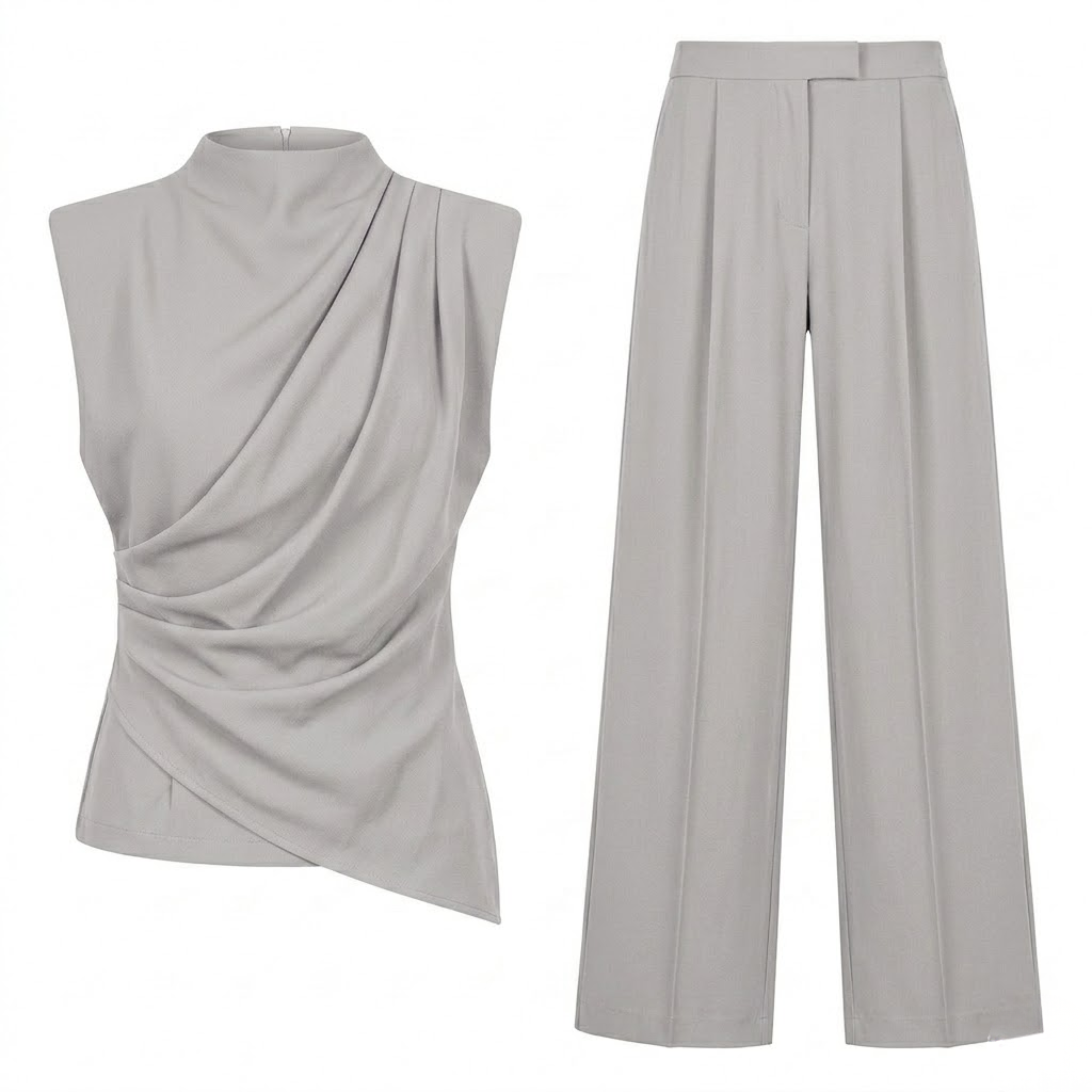 Ensemble Deux Pièces Femme avec Top Sans Manches Drapé et Pantalon Large Fluide