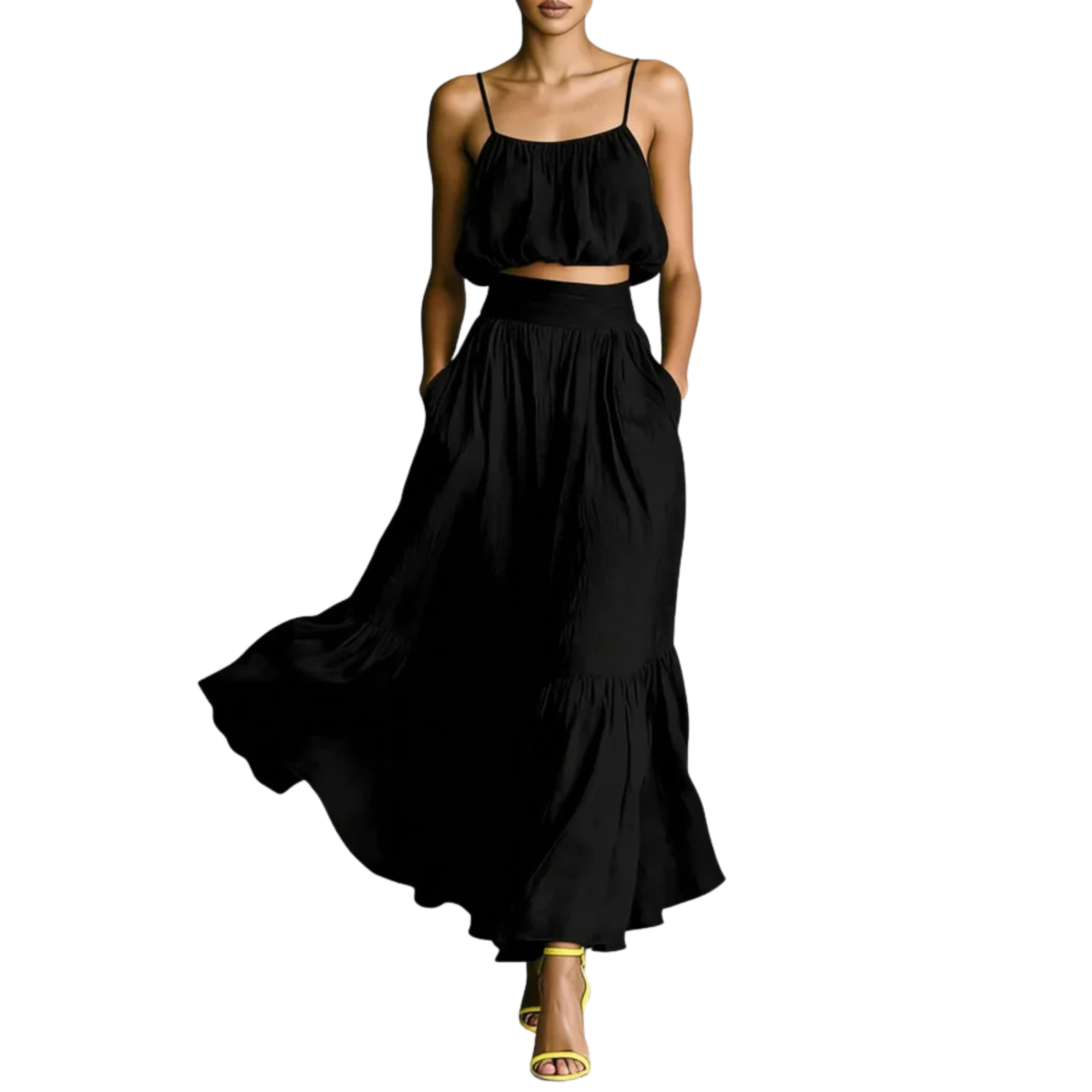 Ensemble crop top pour femmes et jupe longue — silhouette fluide — plage
