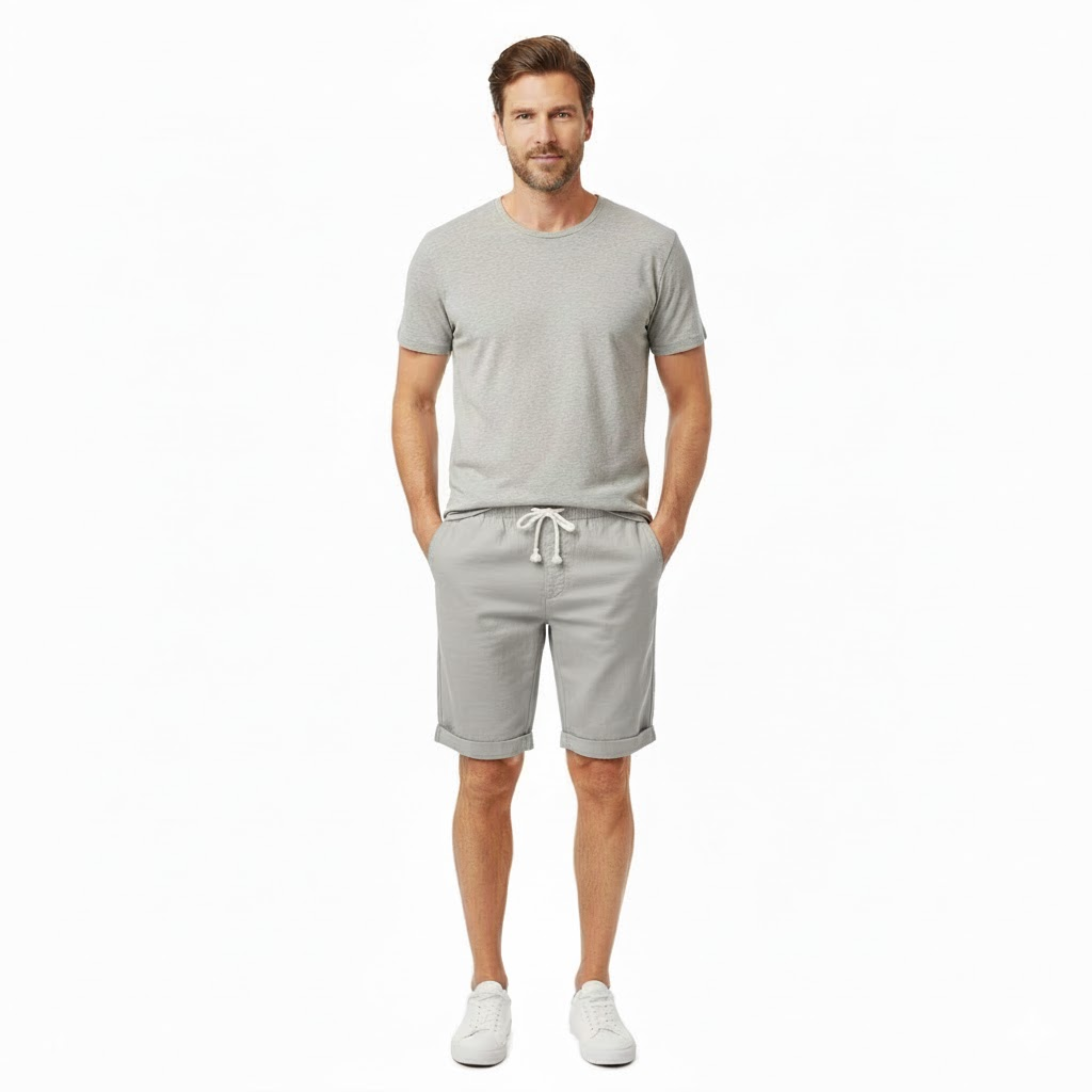 Short pour Hommes en 100 % Lin avec Taille Élastique à Cordon et Coupe Droite