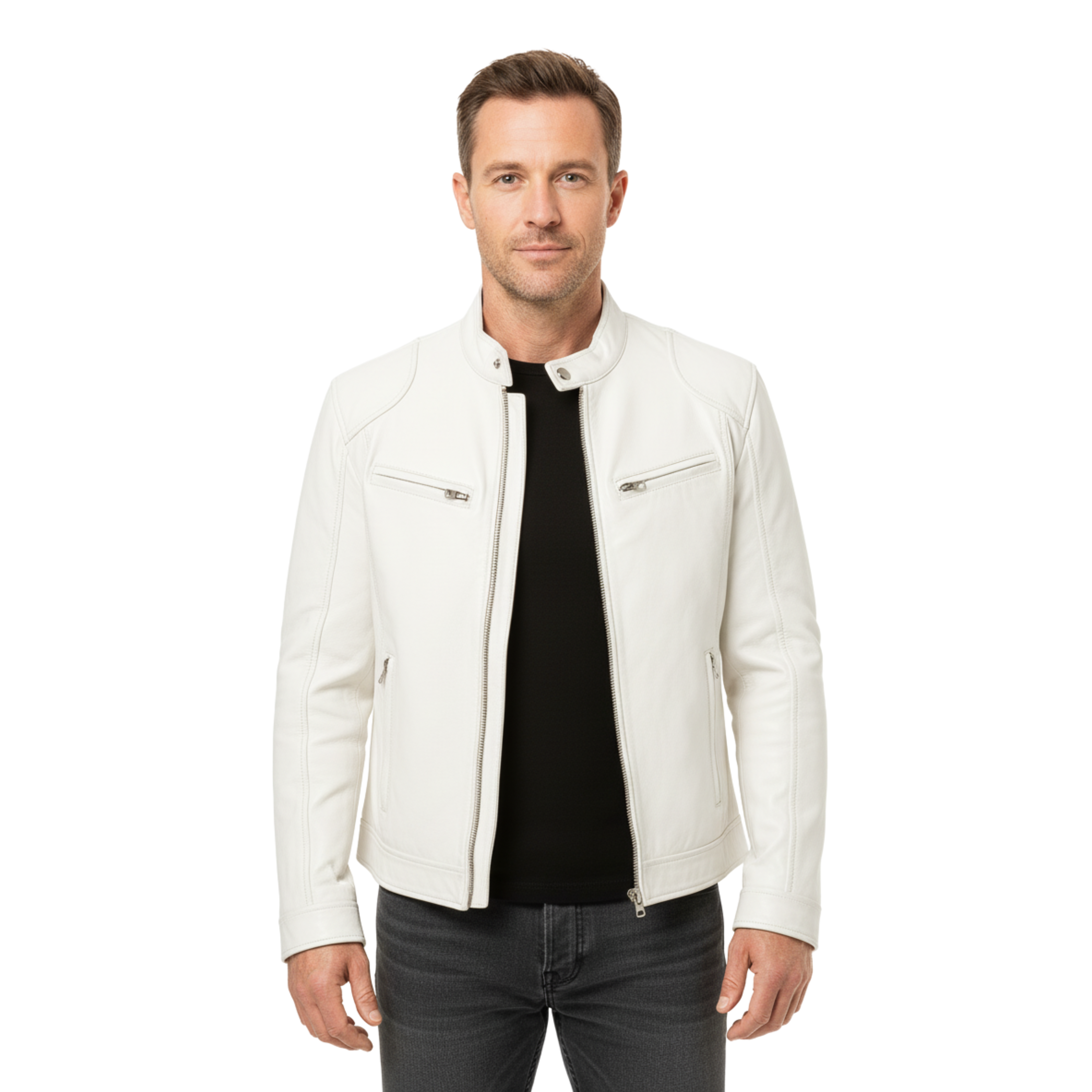 Veste en Cuir pour Homme avec Col Officier et Poches Zippées Coupe Ajustée