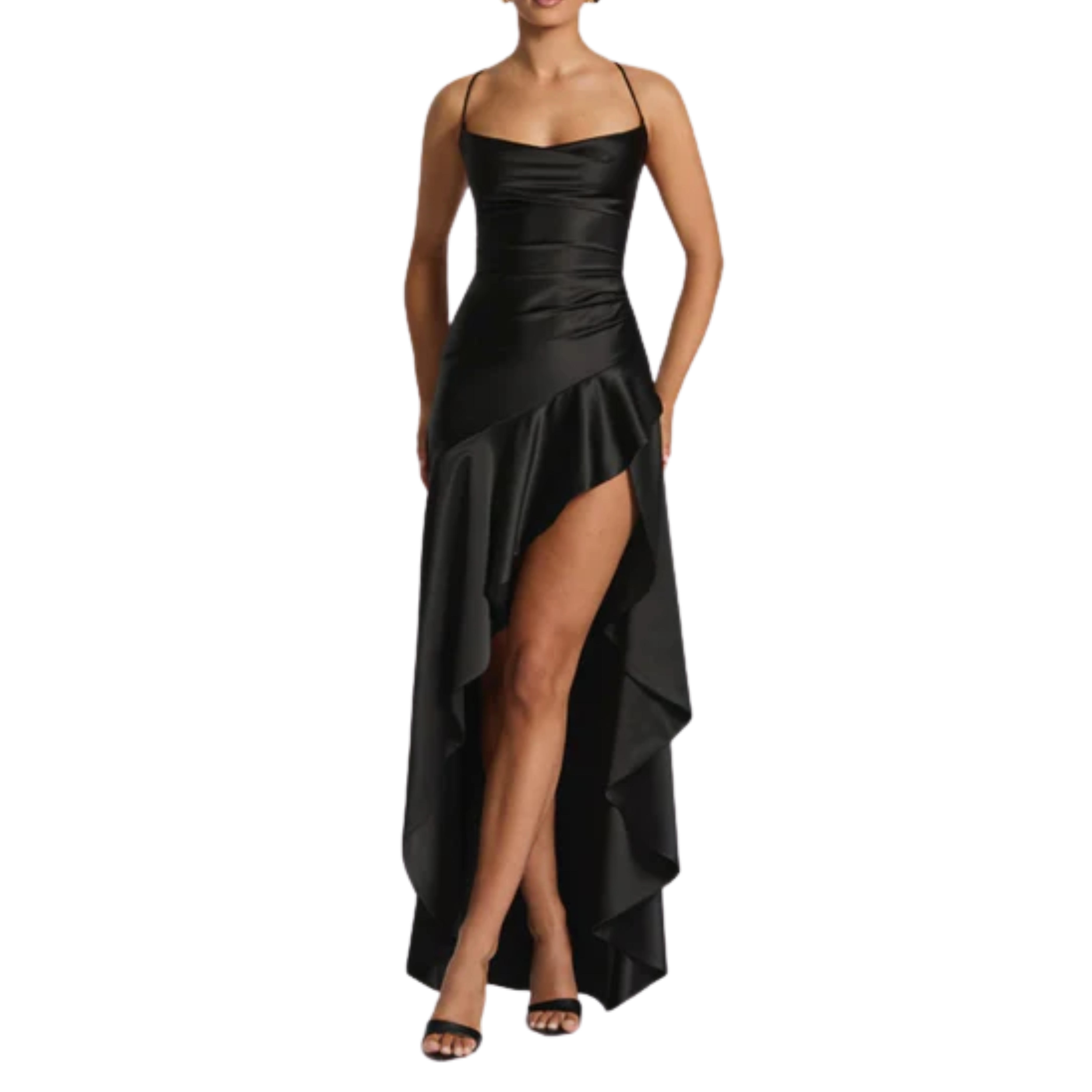 Robe longue femme — satin à ourlet asymétrique et volants | soirée chic