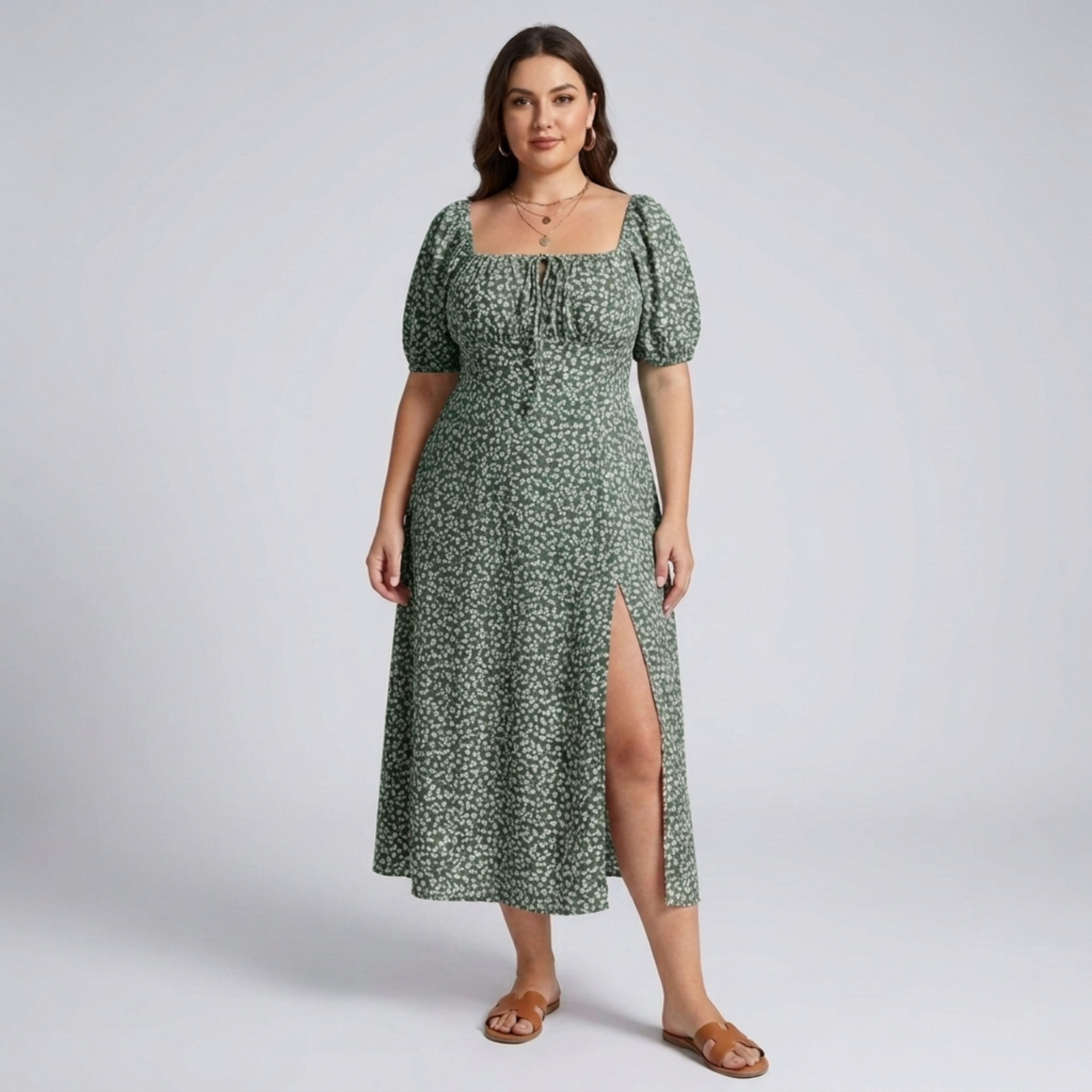 Robe longue grande taille à manches bouffantes imprimée