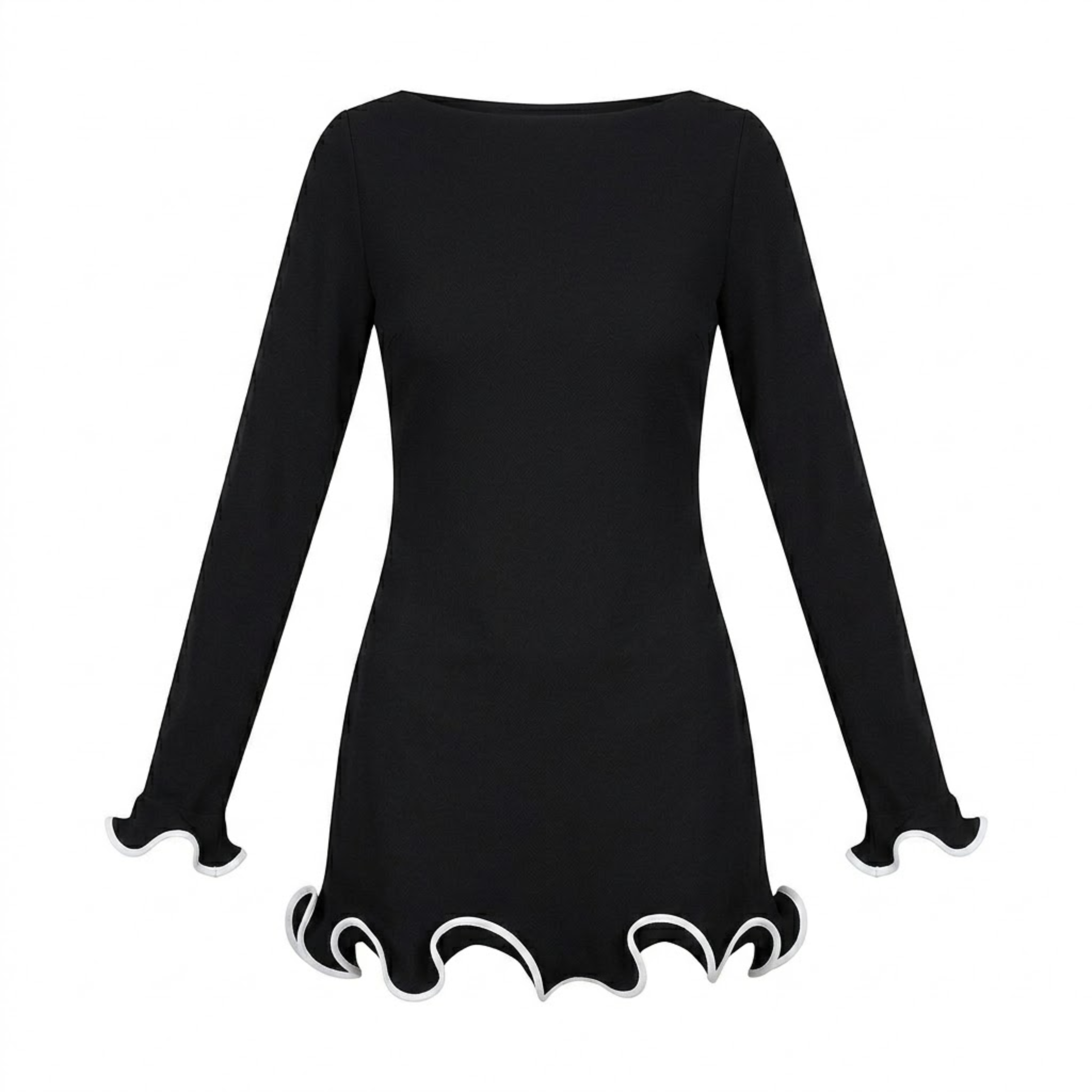 Robe Courte Moulante à Manches Longues avec Ourlet à Volants Contrastés
