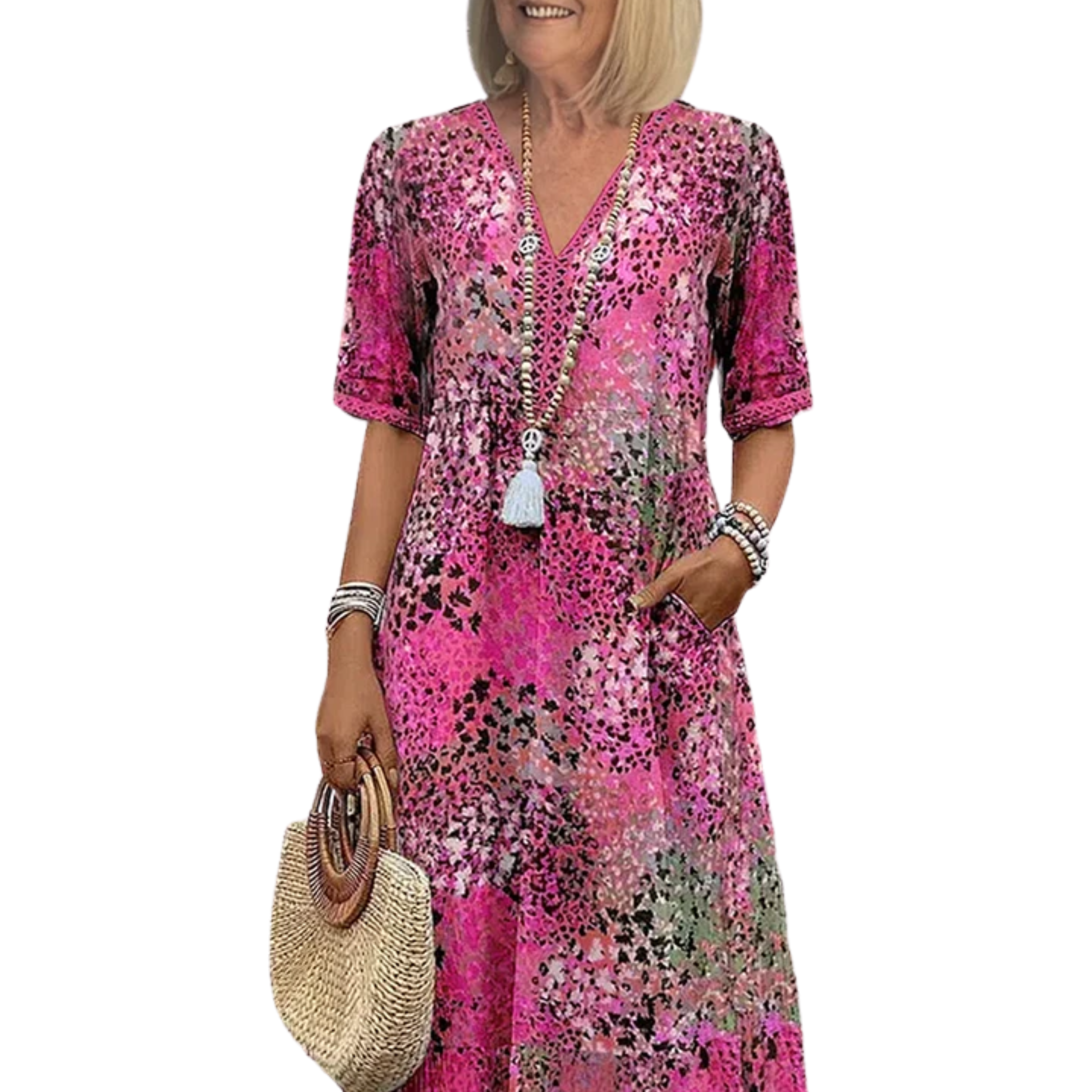 Robe évasée mi-longue femme — motif imprimé et col V — loisirs