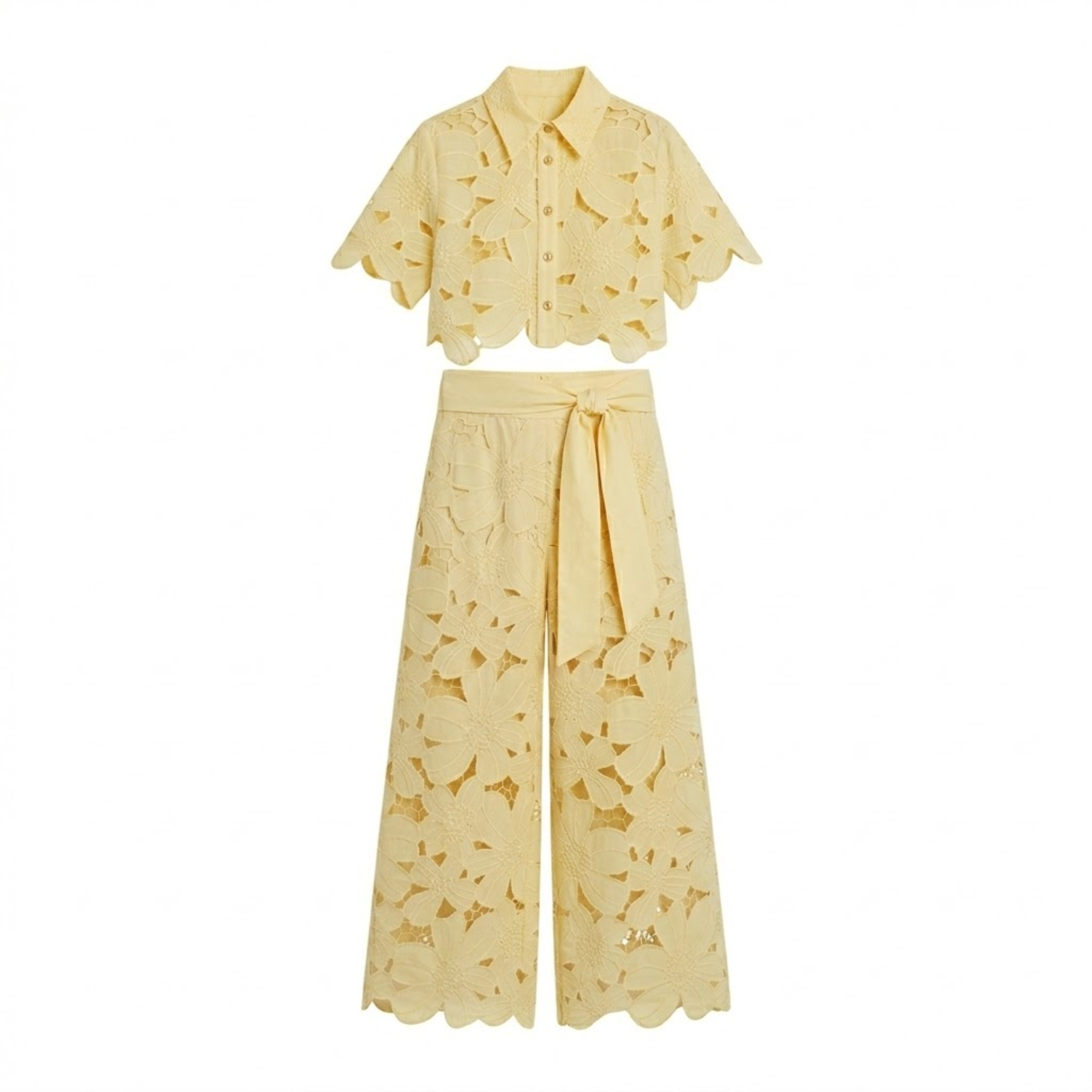 Ensemble Deux Pièces Femme avec Haut Court en Dentelle et Pantalon Large