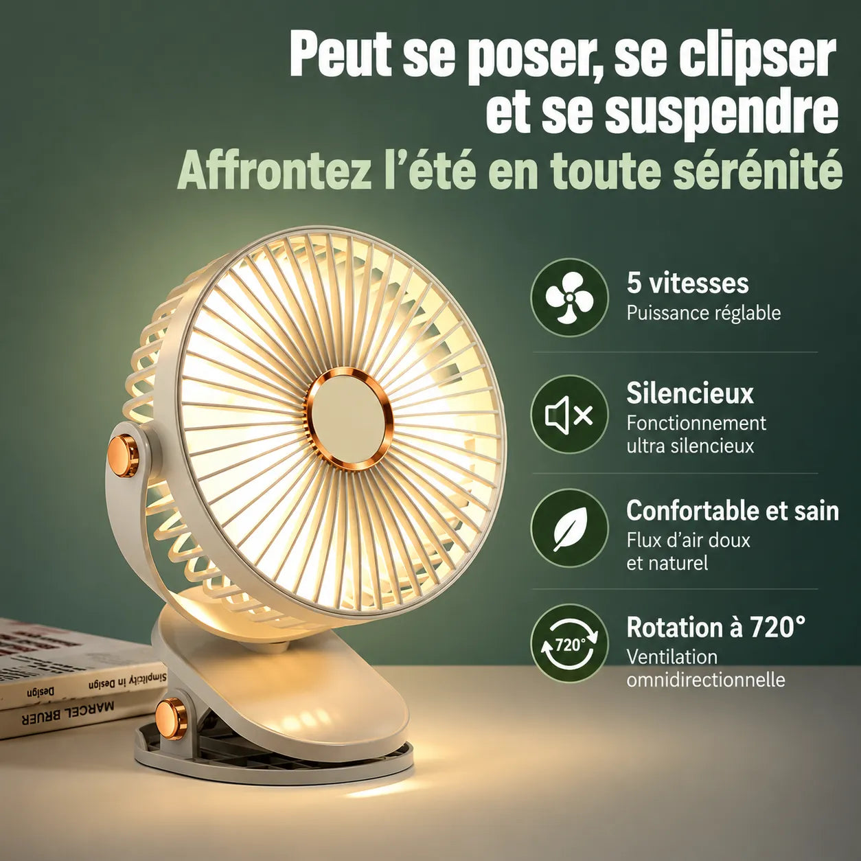 Ventilateur Portable Rechargeable à Clip 8000 mAh avec LED et 5 Vitesses