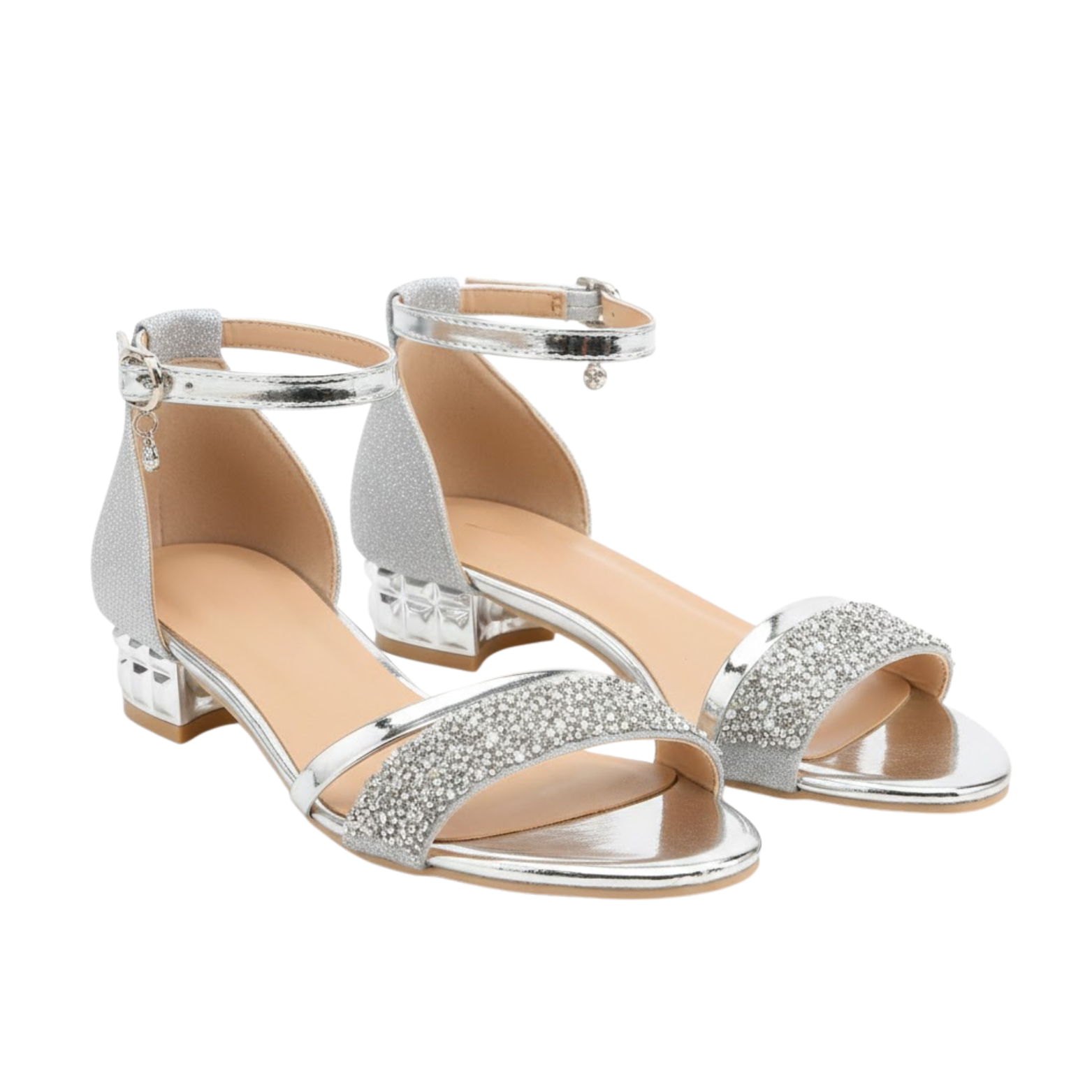 Sandales à petit talon pour femme avec bride cheville et détails scintillants