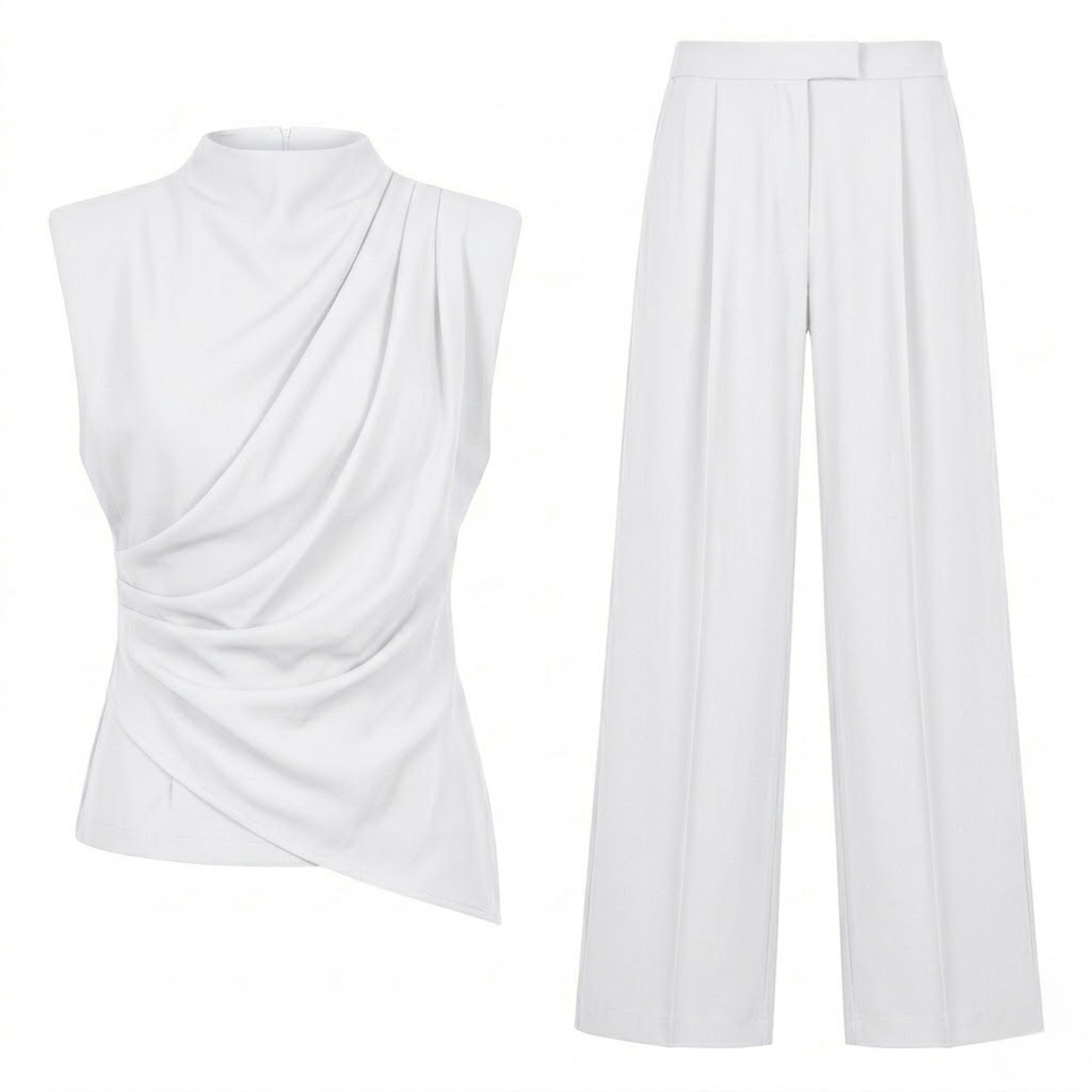 Ensemble Deux Pièces Femme avec Top Sans Manches Drapé et Pantalon Large Fluide