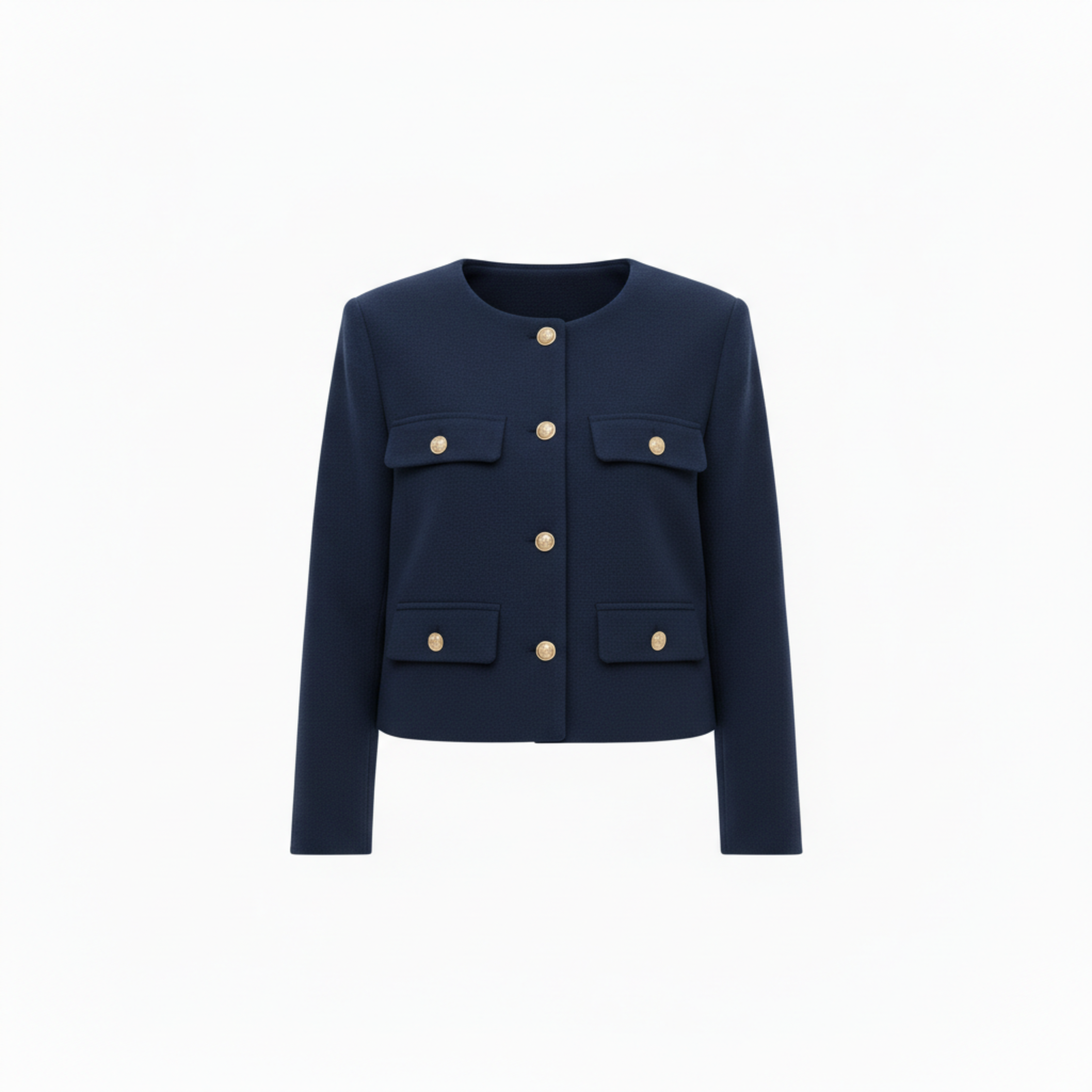 Veste en Polyester à Col Rond avec Boutons Dorés et Poches pour Femme