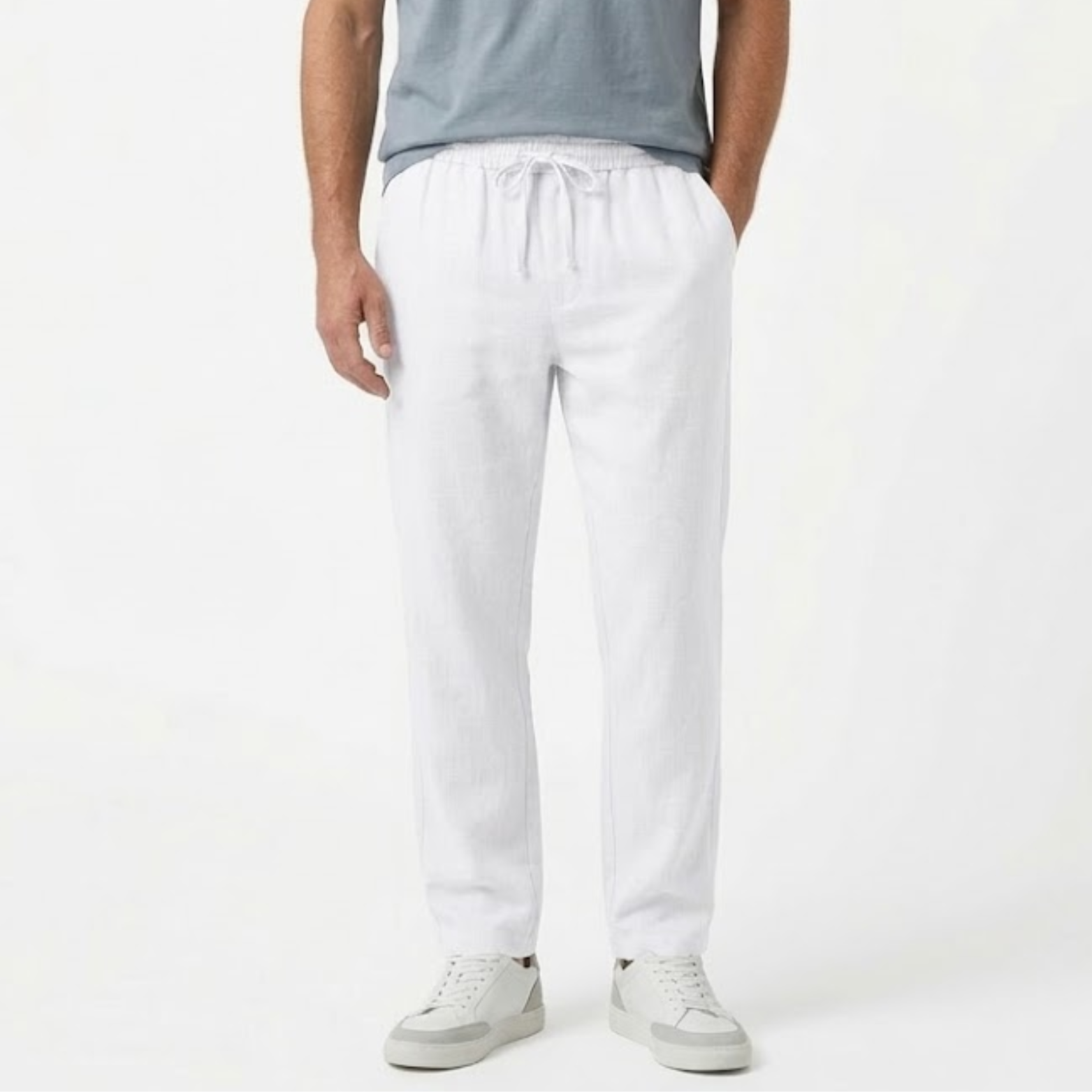 Pantalon Homme en Coton et Lin à Jambe Droite avec Taille Élastique et Cordon