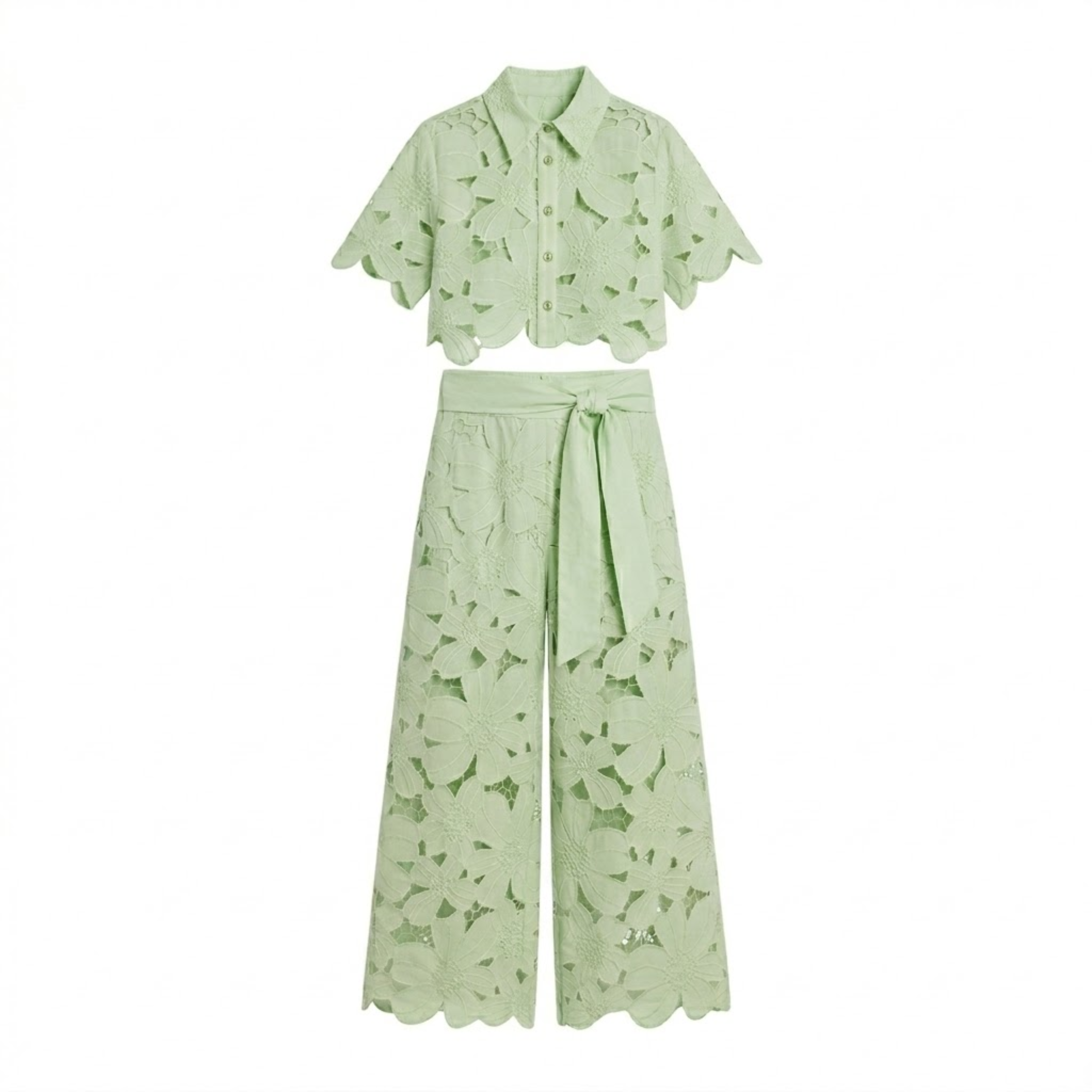 Ensemble Deux Pièces Femme avec Haut Court en Dentelle et Pantalon Large