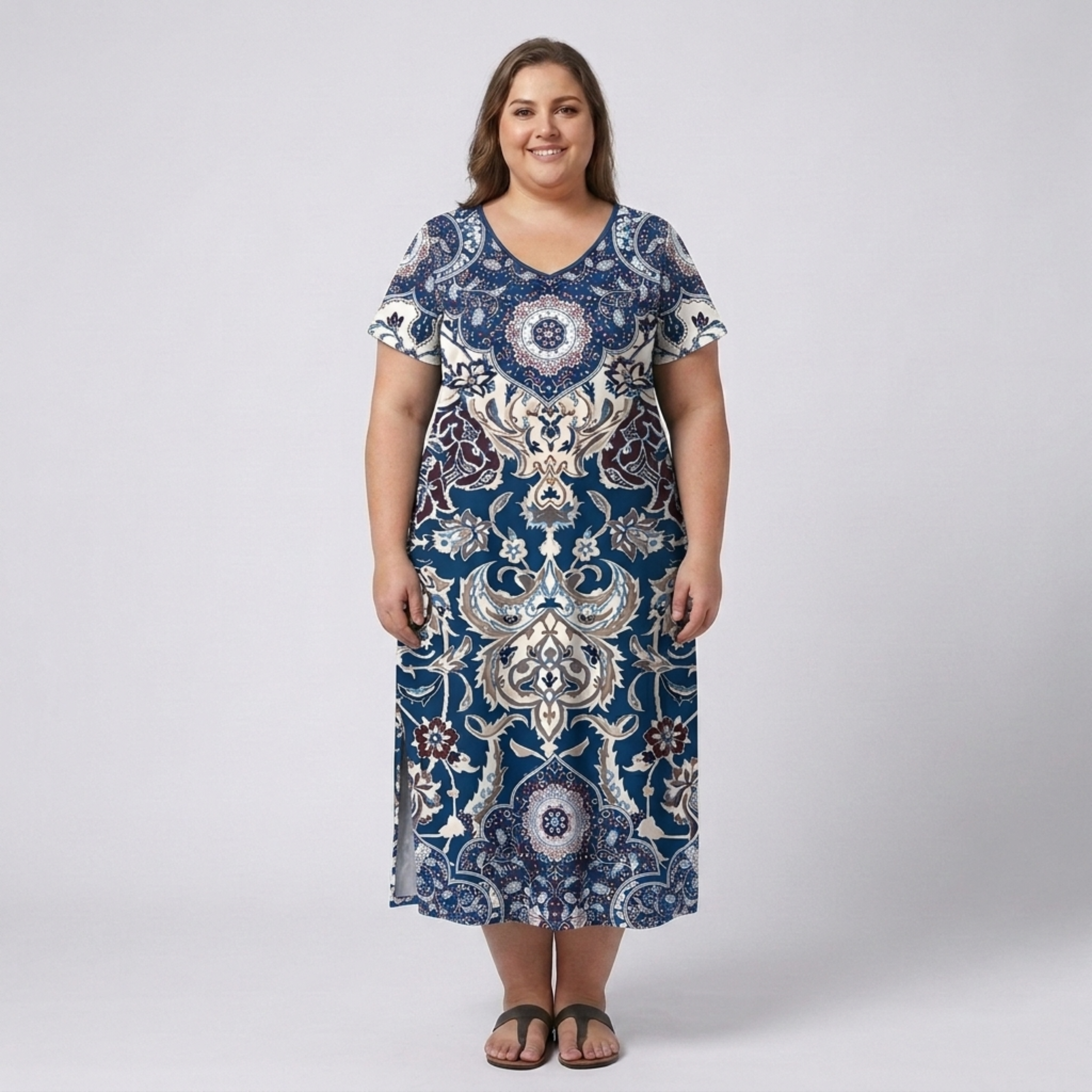Robe longue grande taille pour femme imprimée à col en V
