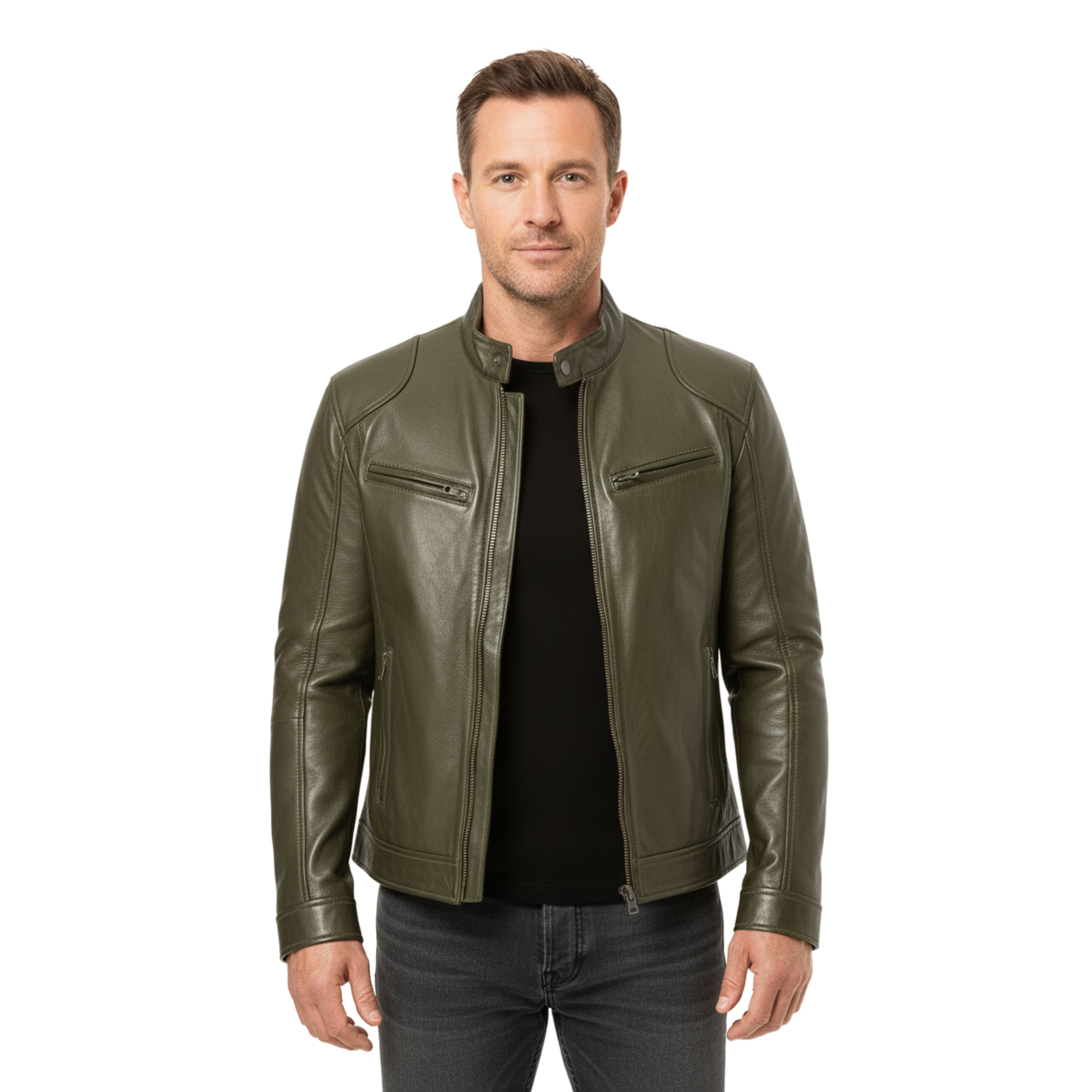 Veste en Cuir pour Homme avec Col Officier et Poches Zippées Coupe Ajustée