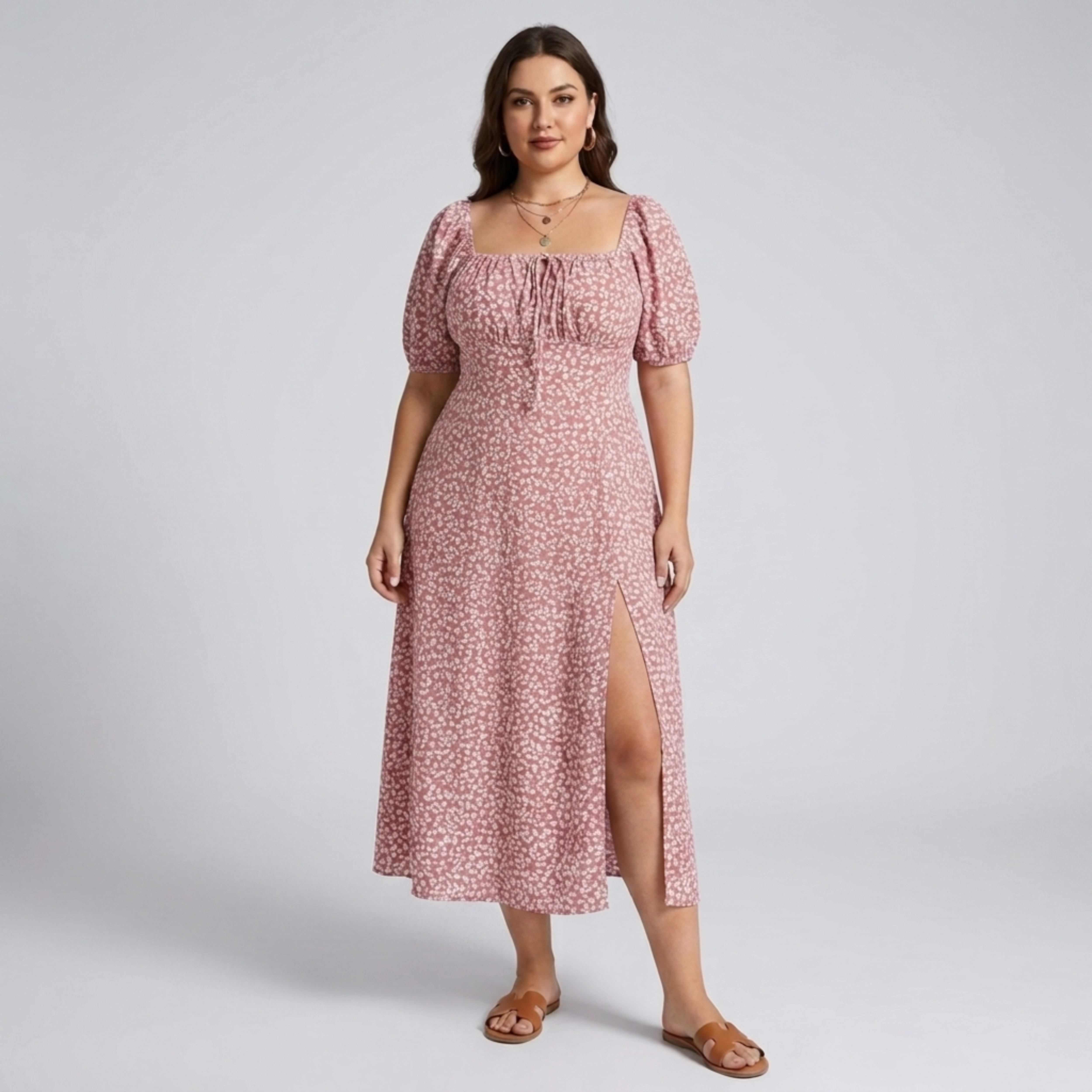Robe longue grande taille à manches bouffantes imprimée