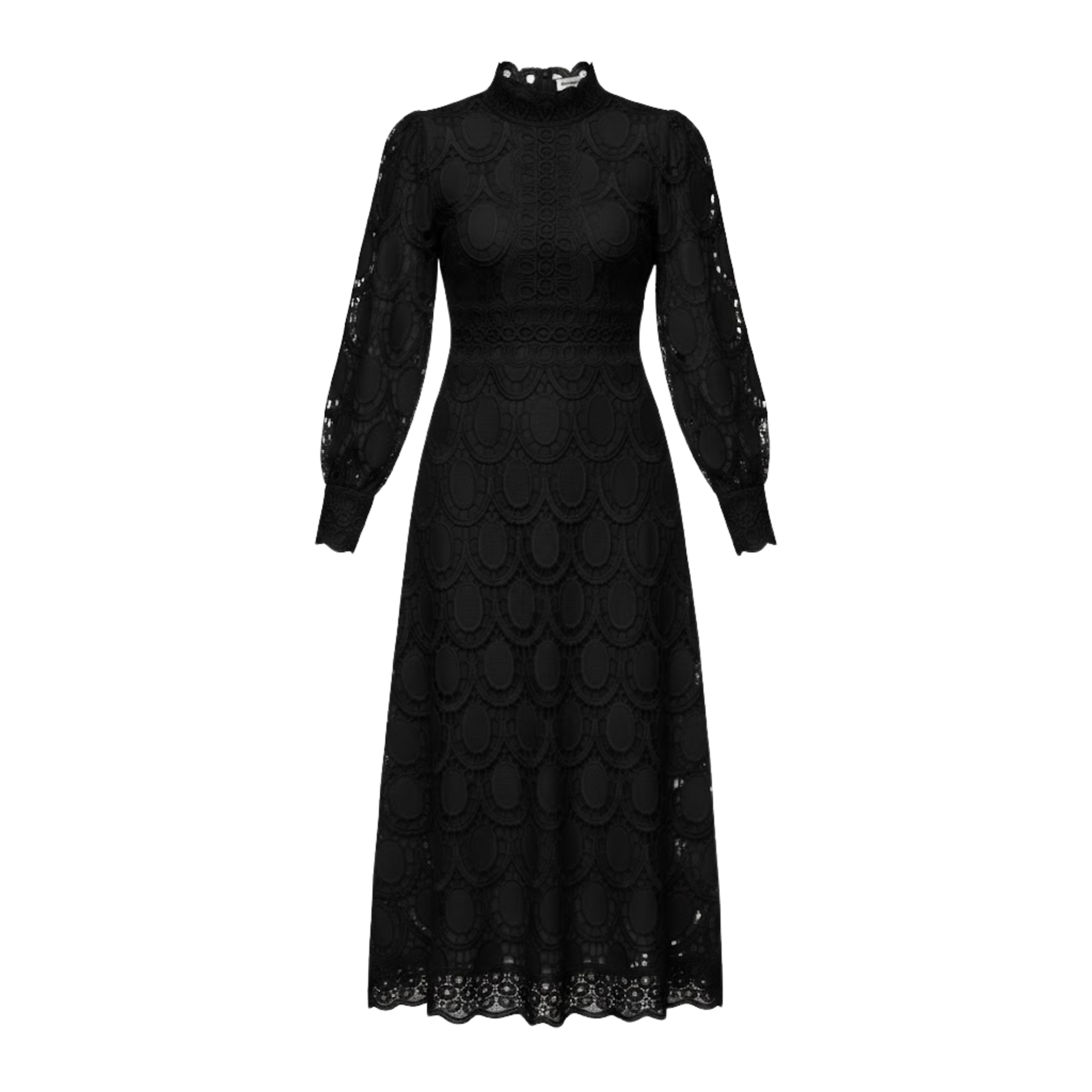 Robe Longue en Dentelle Ajourée avec Manches Bouffantes et Col Montant