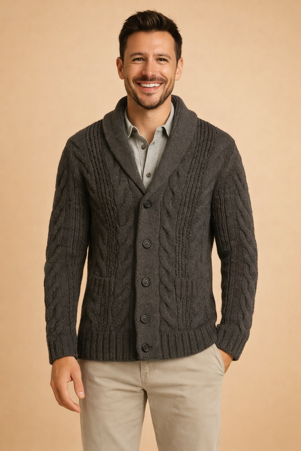 Cardigan Homme – Col Châle Fermeture Boutonnée Coupe Ajustée