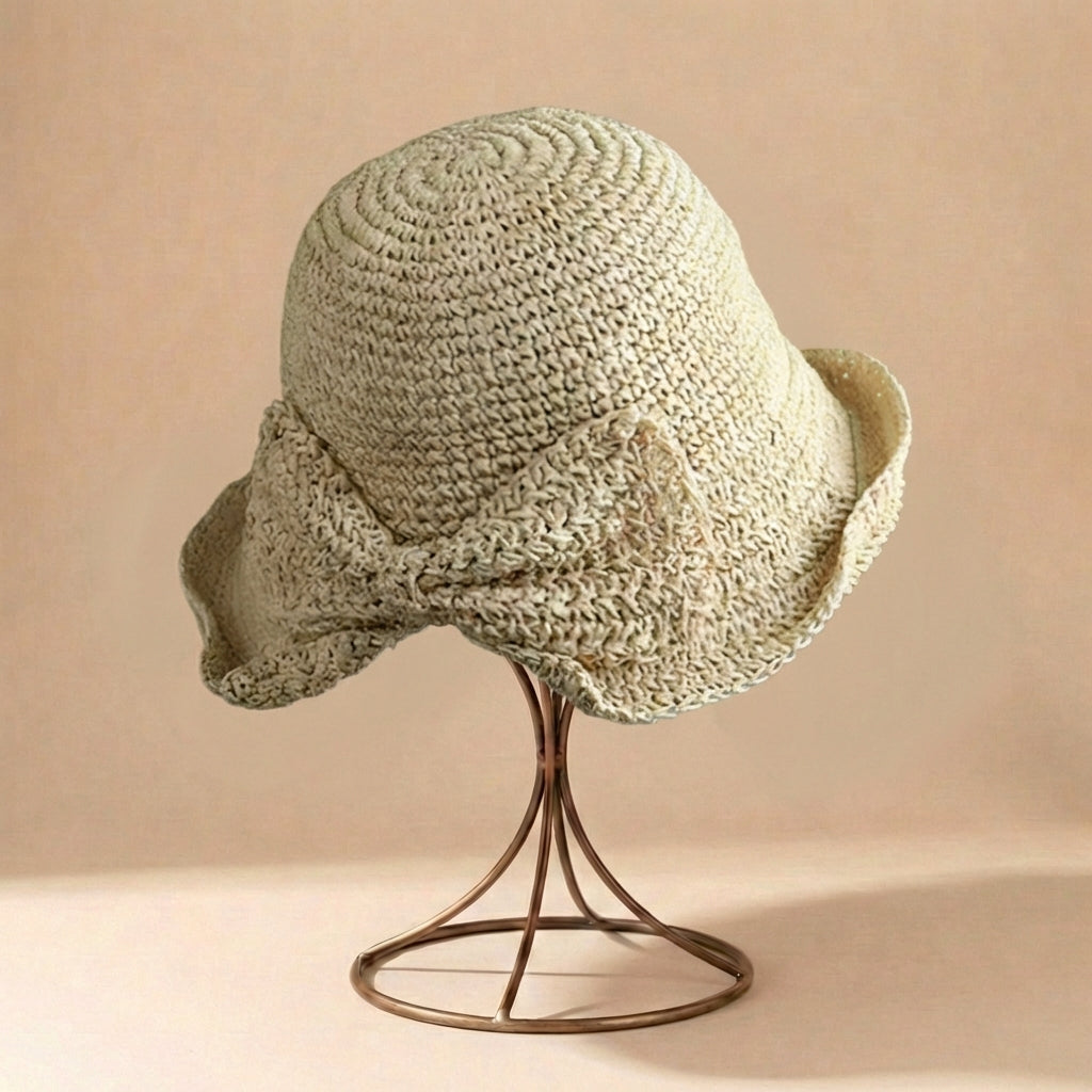 Chapeau de paille à grand bord femme - ruban avec nœud - accessoire voyage soleil