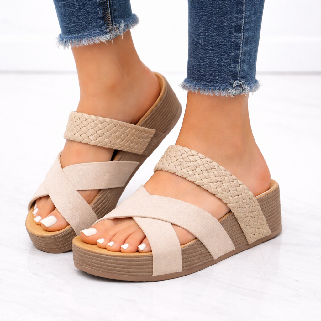 Mules Compensées À Lanières Croisées