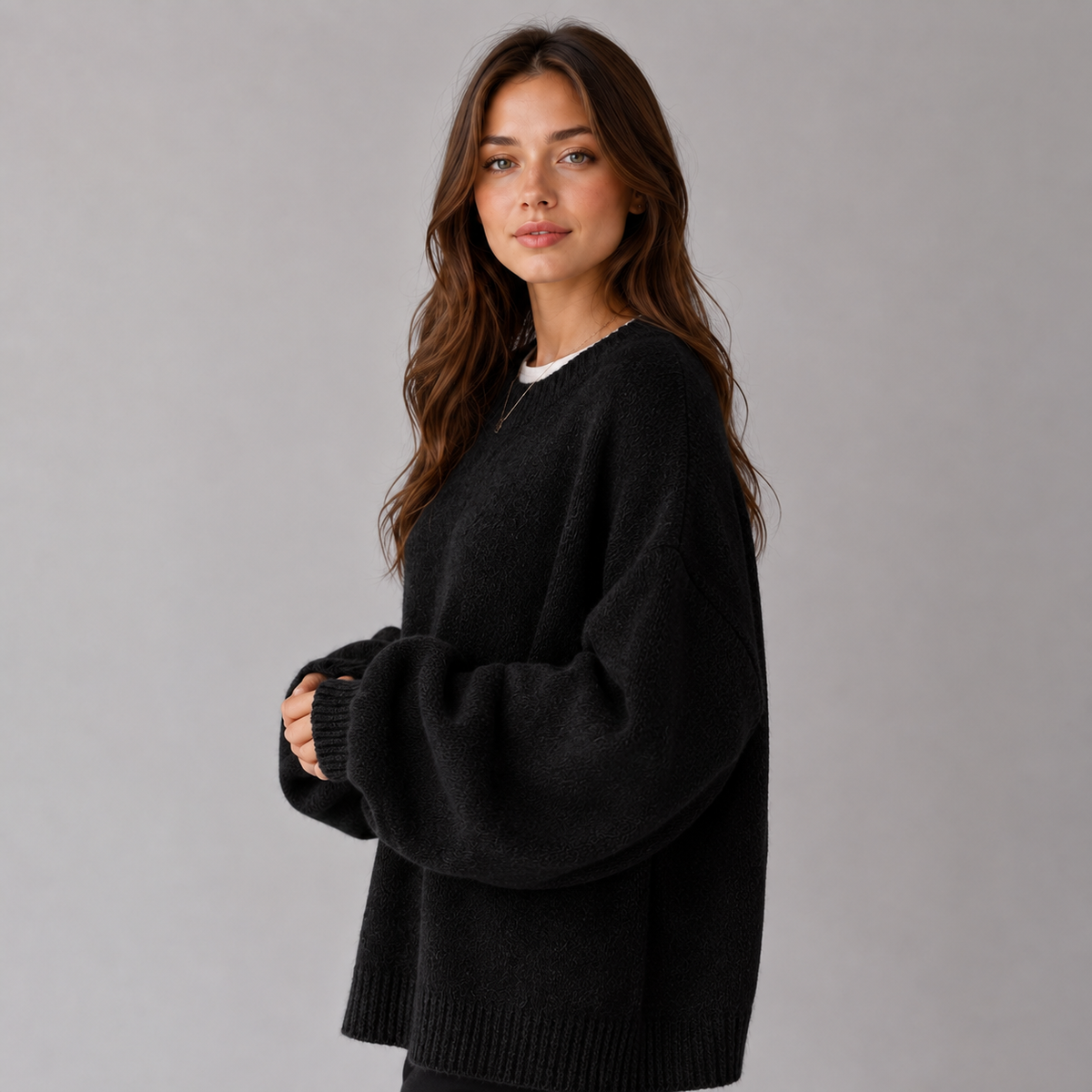 Women's Knit Sweater - Crew Neck, Dropped Shoulders, and Side Slits, Relaxed Fit