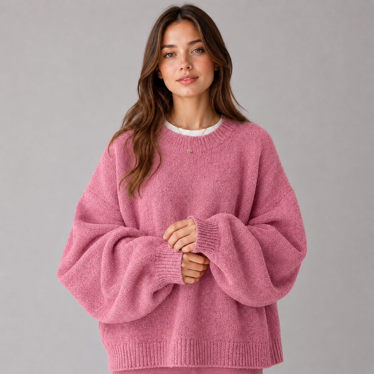 Women's Knit Sweater - Crew Neck, Dropped Shoulders, and Side Slits, Relaxed Fit