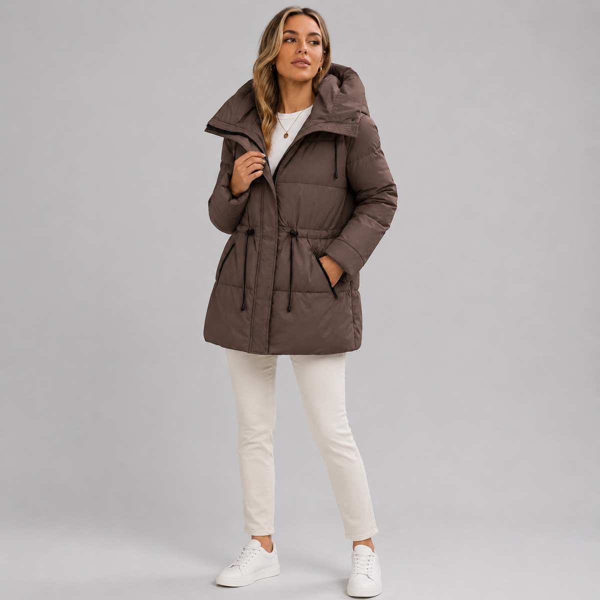 Dámská parka - kapuce a zip, rovný nadčasový střih do půlky stehen