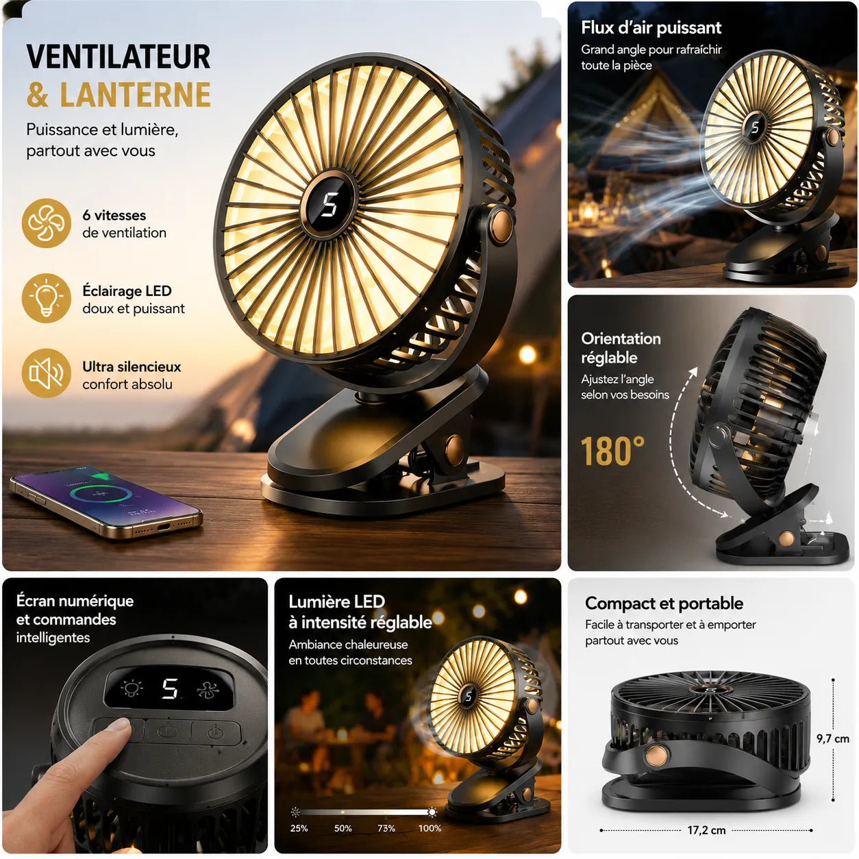Ventilateur Portable Rechargeable à Clip 8000 mAh avec LED et 5 Vitesses