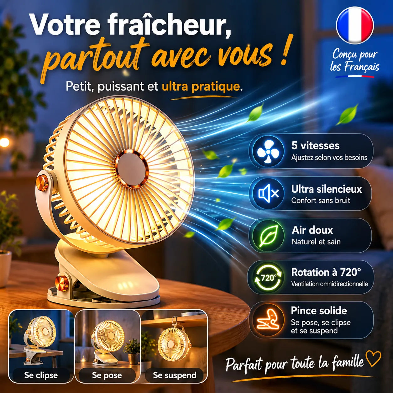 Ventilateur Portable Rechargeable à Clip 8000 mAh avec LED et 5 Vitesses