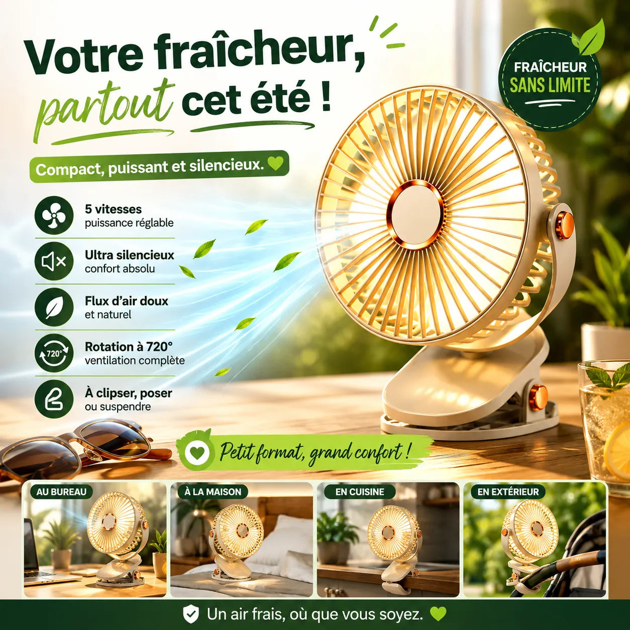 Ventilateur Portable Rechargeable à Clip 8000 mAh avec LED et 5 Vitesses