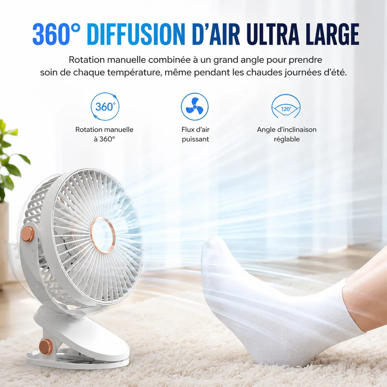 Ventilateur Portable Rechargeable à Clip 8000 mAh avec LED et 5 Vitesses