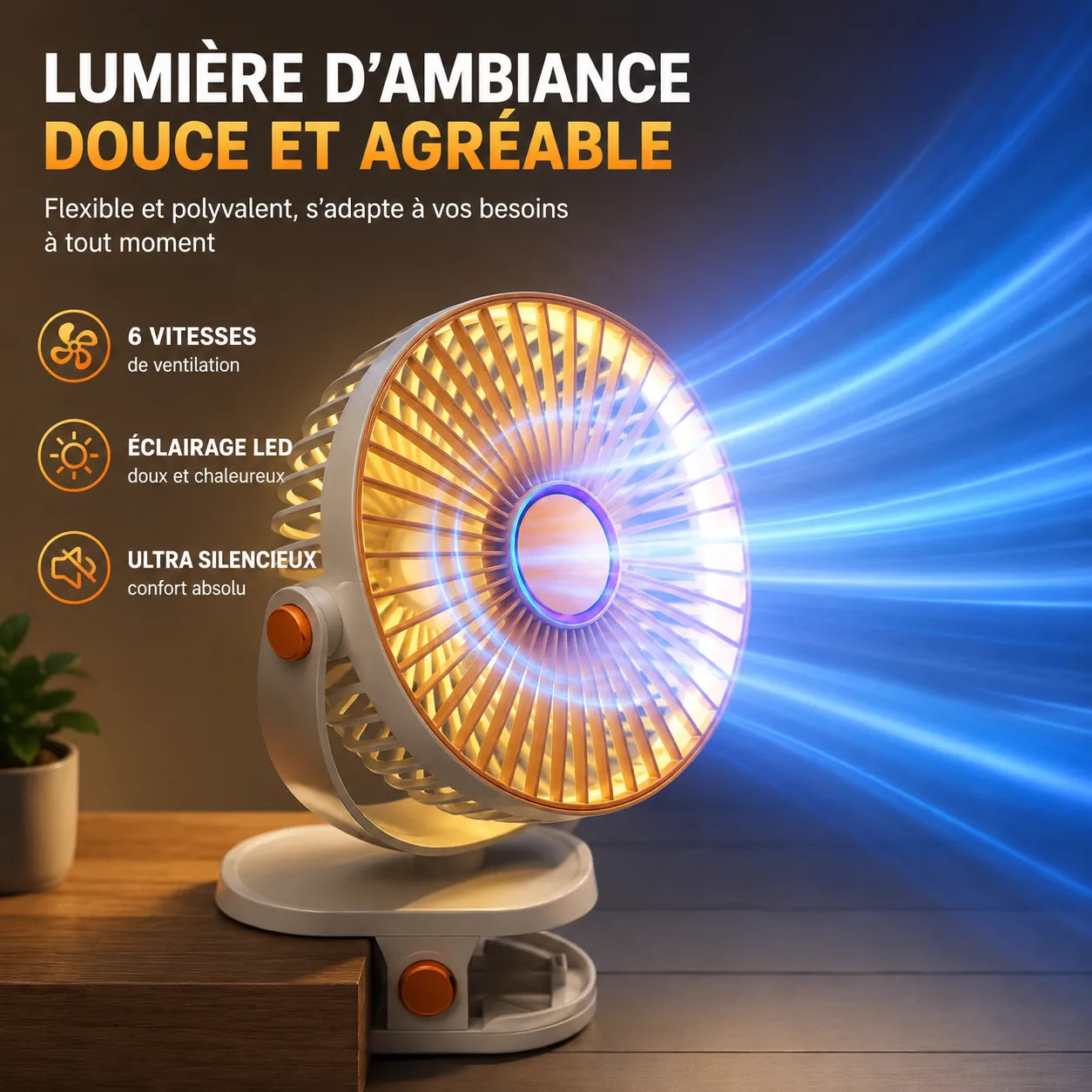 Ventilateur Portable Rechargeable à Clip 8000 mAh avec LED et 5 Vitesses