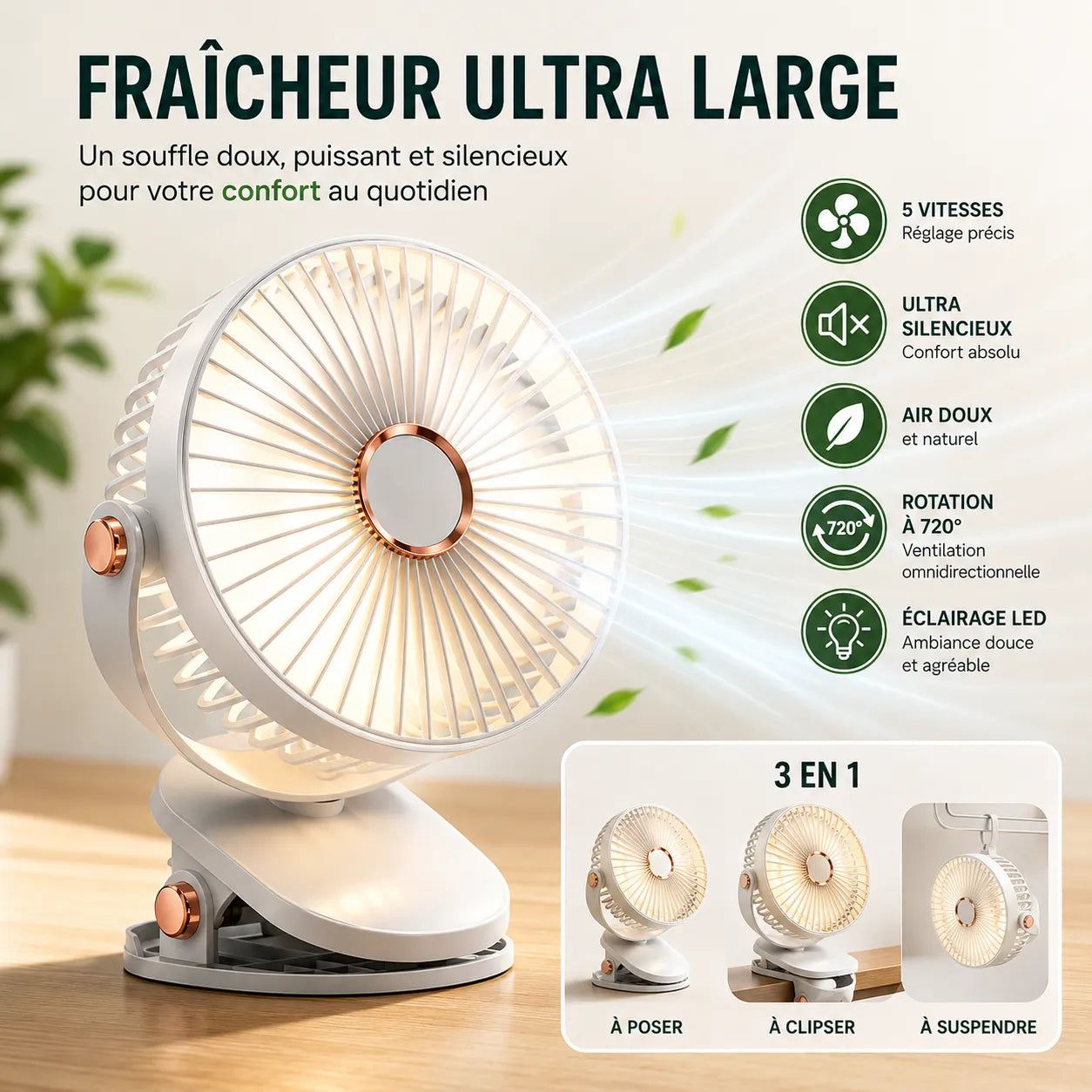 Ventilateur Portable Rechargeable à Clip 8000 mAh avec LED et 5 Vitesses