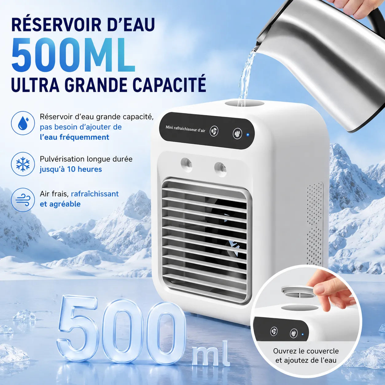 Rafraîchisseur d’Air Portable Rechargeable USB avec Brumisation 500 ml