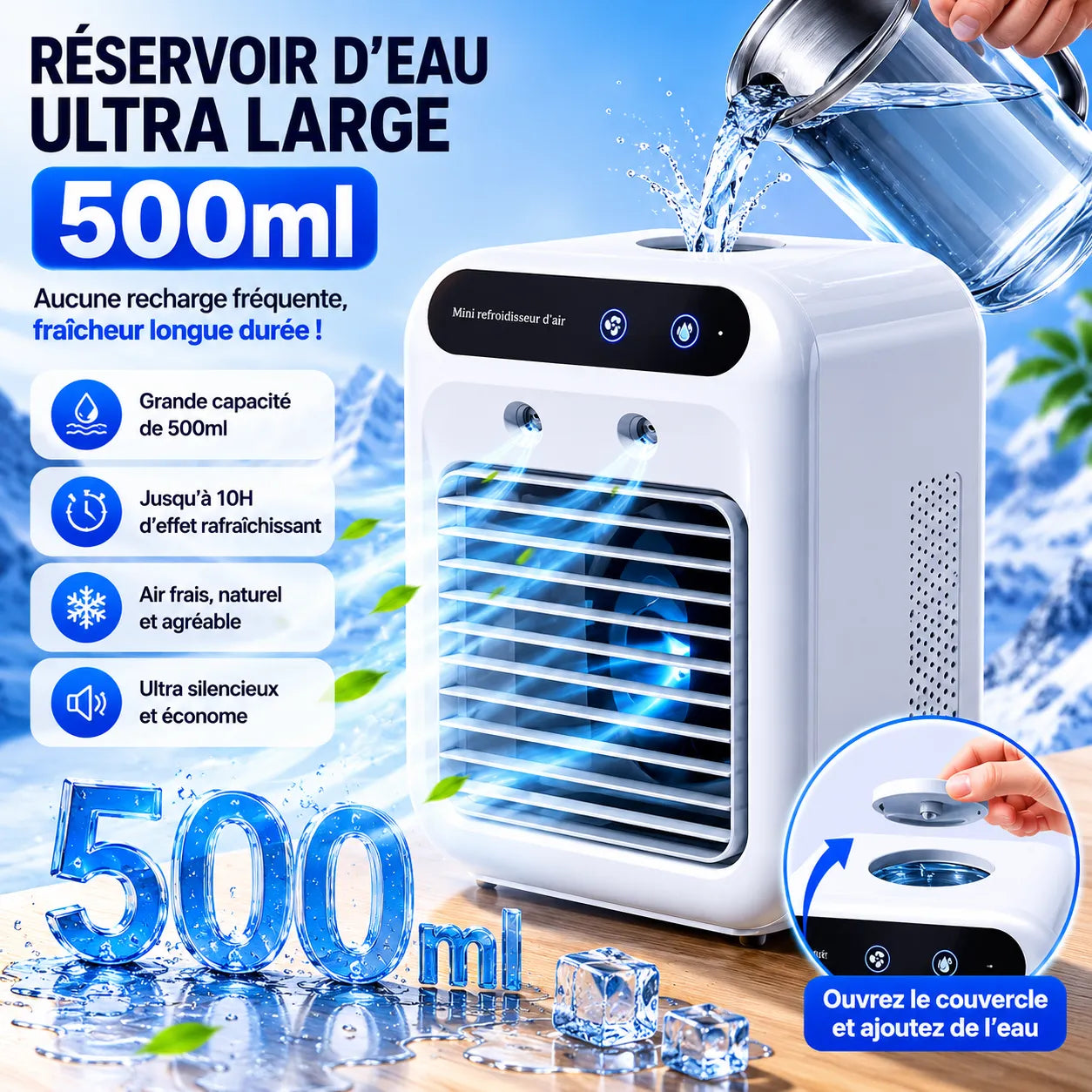 Rafraîchisseur d’Air Portable Rechargeable USB avec Brumisation 500 ml