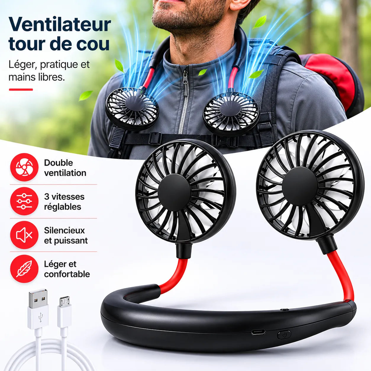Ventilateur de Cou Rechargeable USB avec Double Tête Rotative et 3 Vitesses