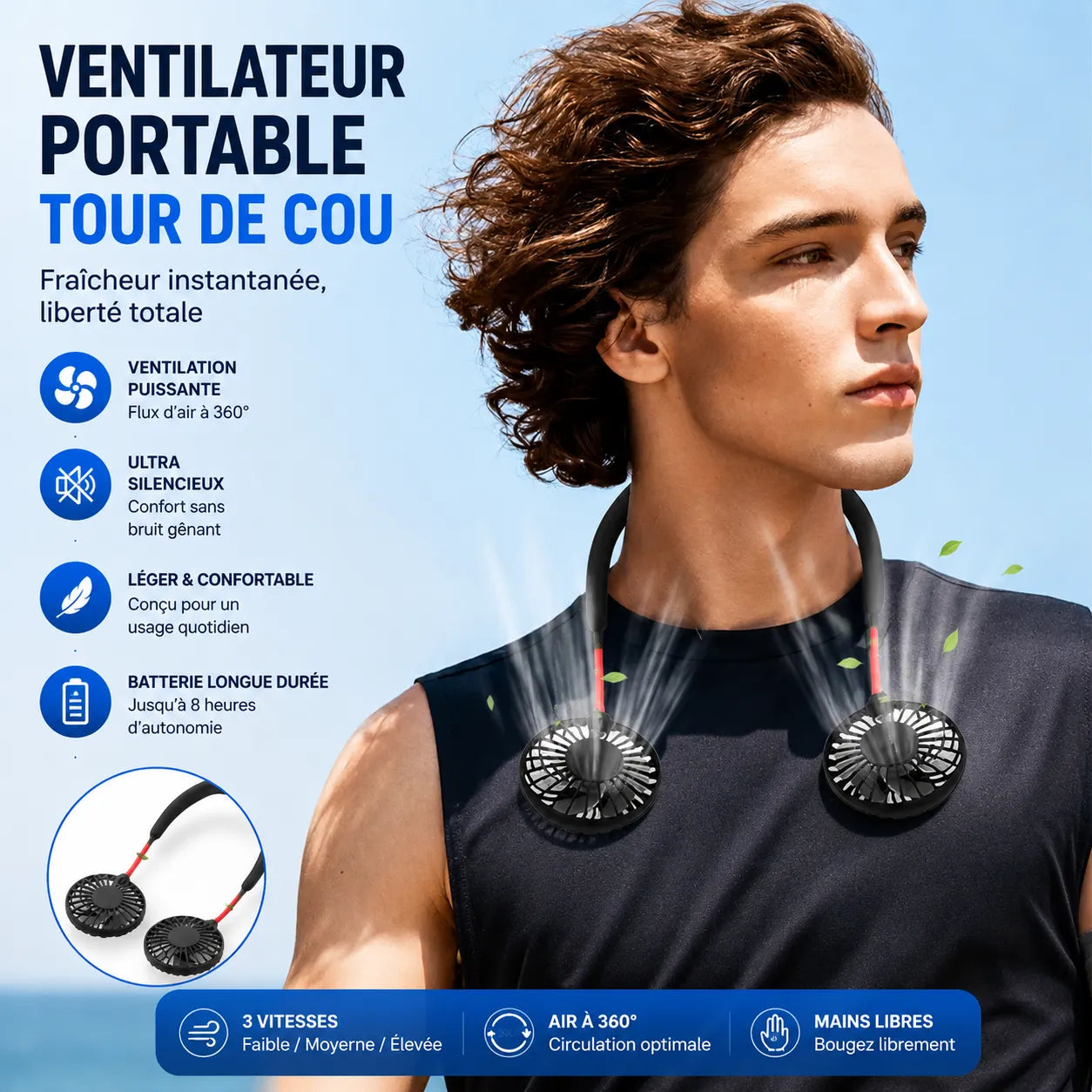 Ventilateur de Cou Rechargeable USB avec Double Tête Rotative et 3 Vitesses