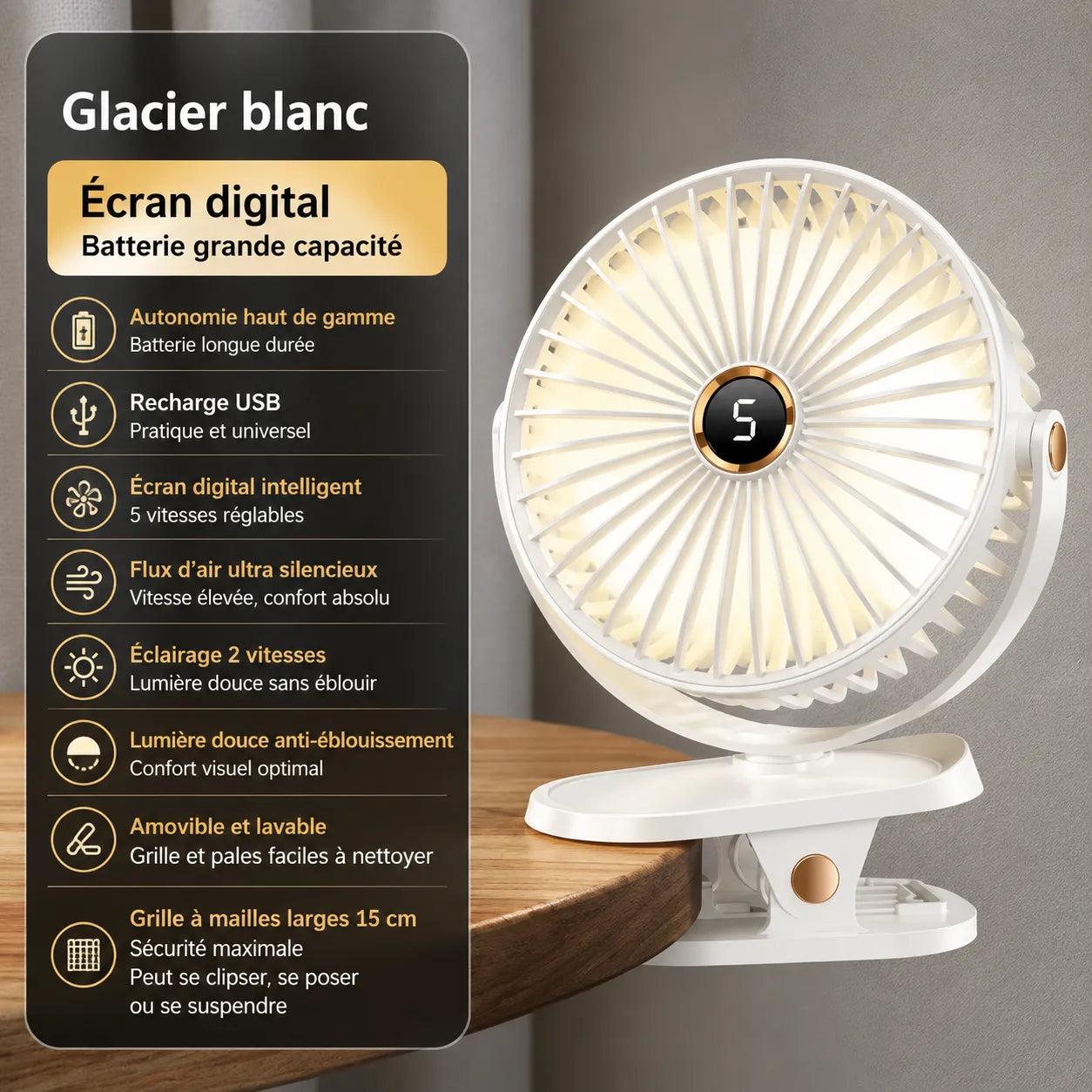 Ventilateur Portable Rechargeable à Clip 8000 mAh avec LED et 5 Vitesses