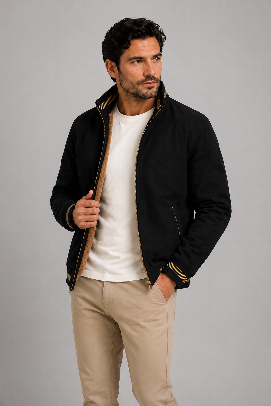 Herrejakke i bomuld, polyester og uld – slim fit, alsidig og elegant stil