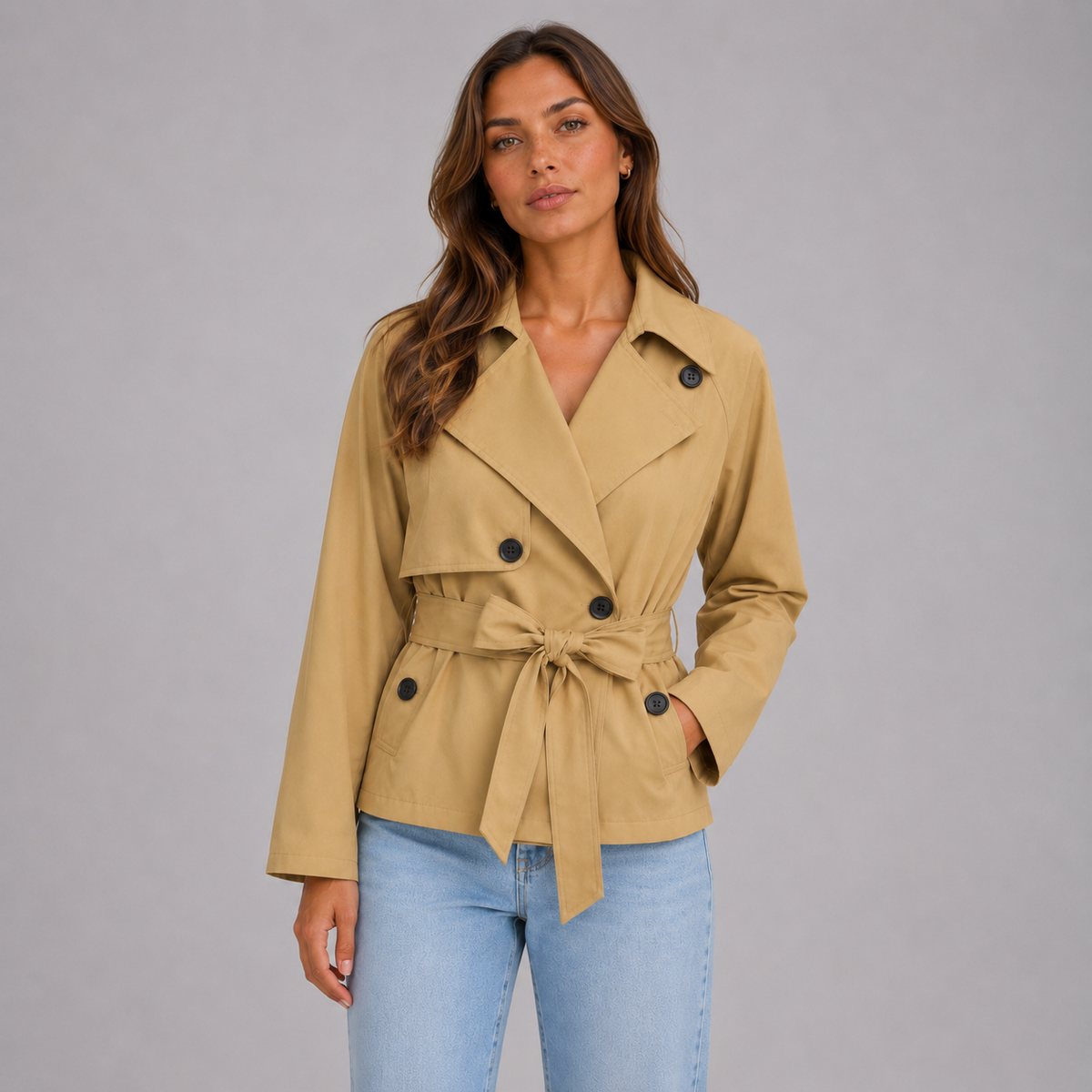 Kort trenchcoat til damer - Bindebælte og dobbeltradet lukning i klassisk, elegant stil