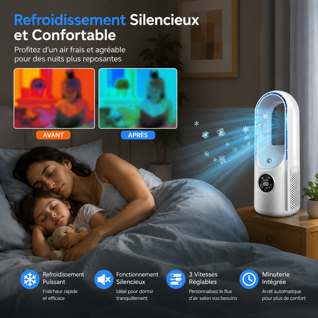 Climatiseur Sans Pales Portable Silencieux avec Refroidissement Réglable et Design Moderne