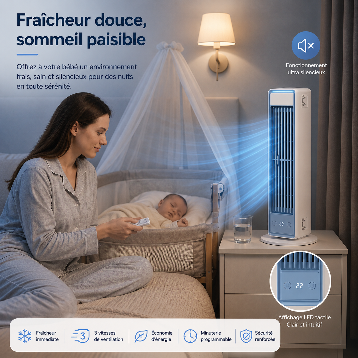 Ventilateur Tour Sans Lames à Flux d’Air Silencieux et Diffusion Uniforme