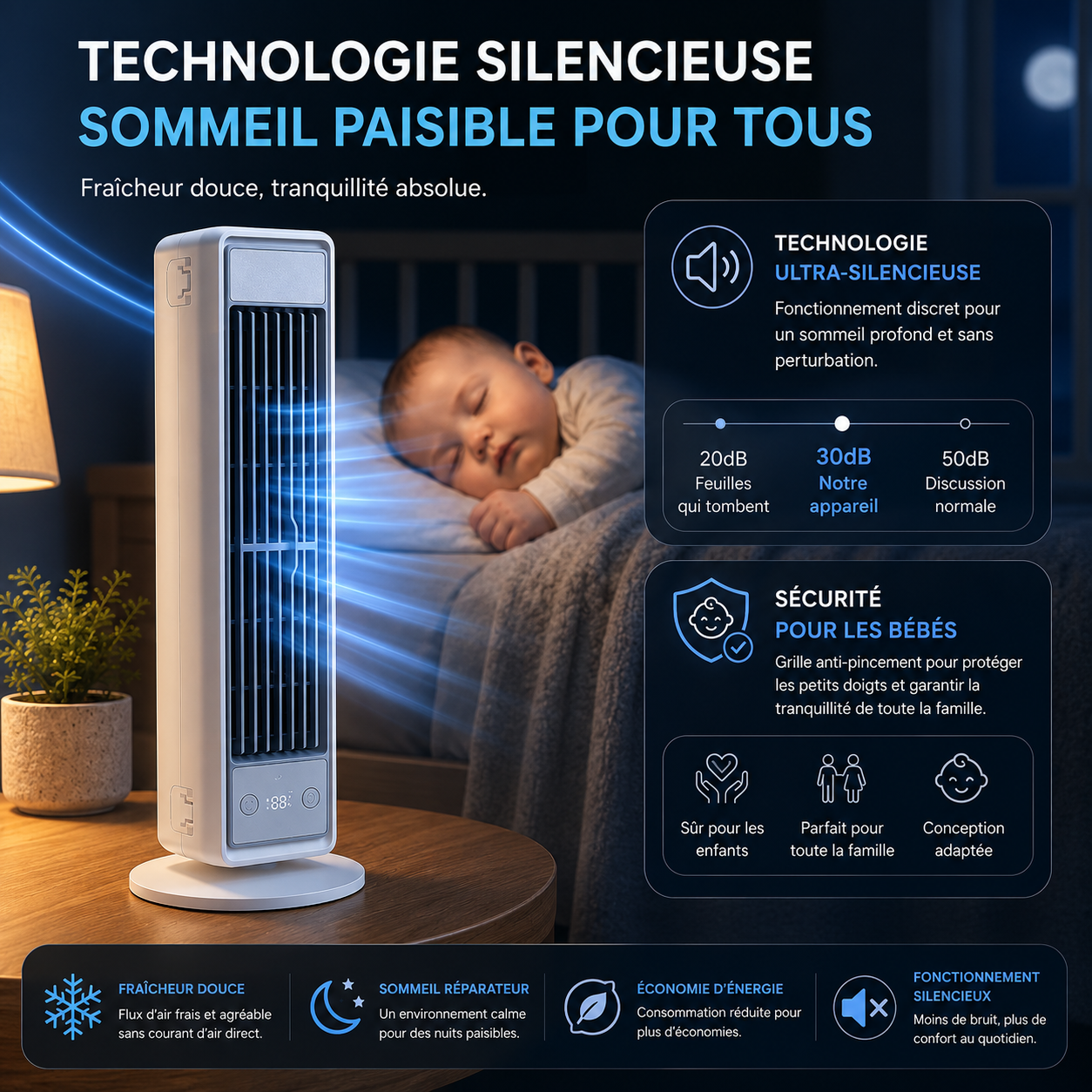 Ventilateur Tour Sans Lames à Flux d’Air Silencieux et Diffusion Uniforme