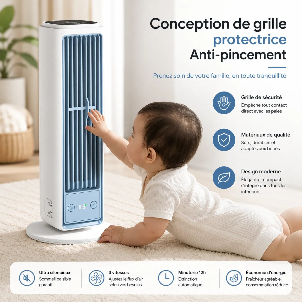 Lautloser Turmventilator ohne Flügel mit multidirektionaler Luftverteilung