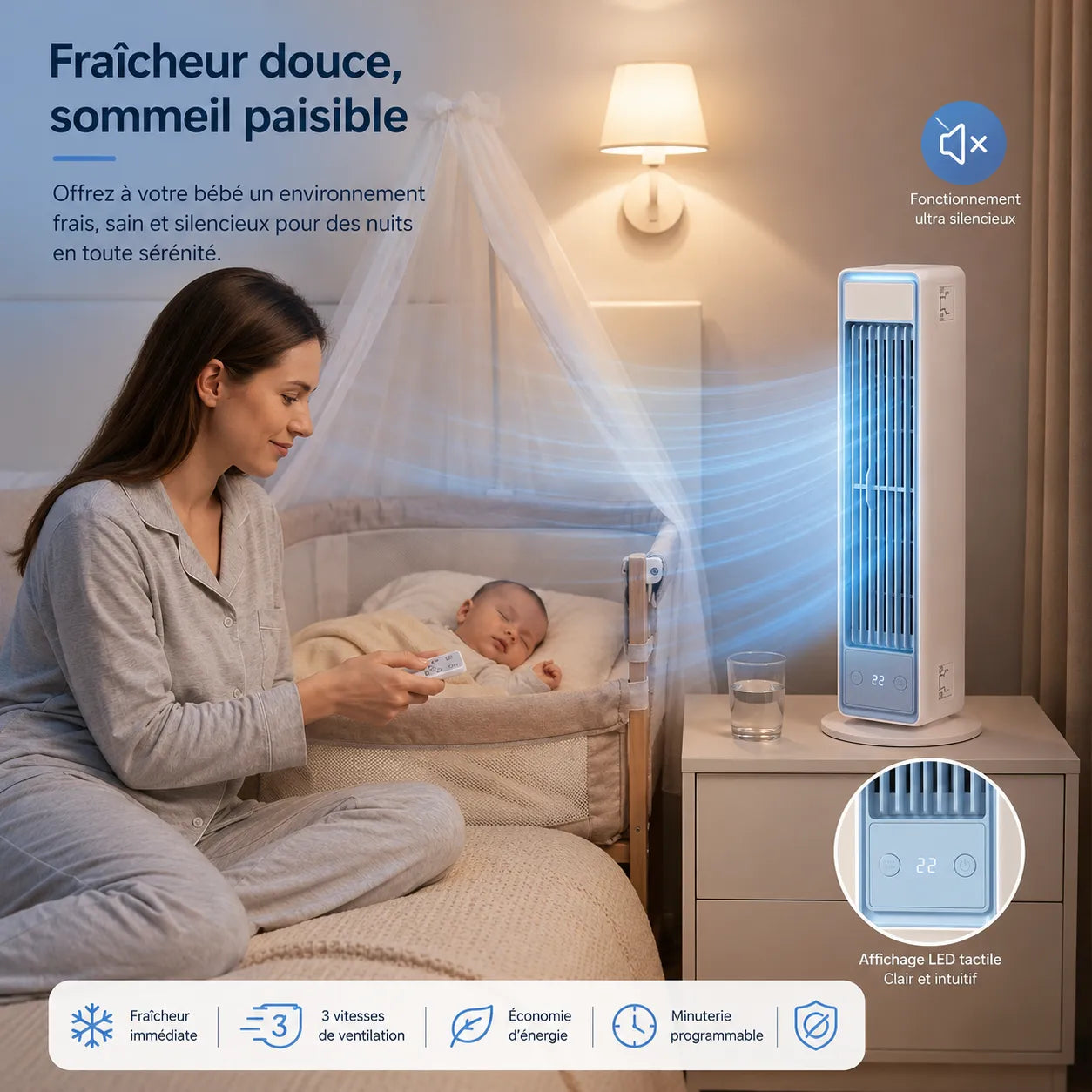 Lautloser Turmventilator ohne Flügel mit multidirektionaler Luftverteilung
