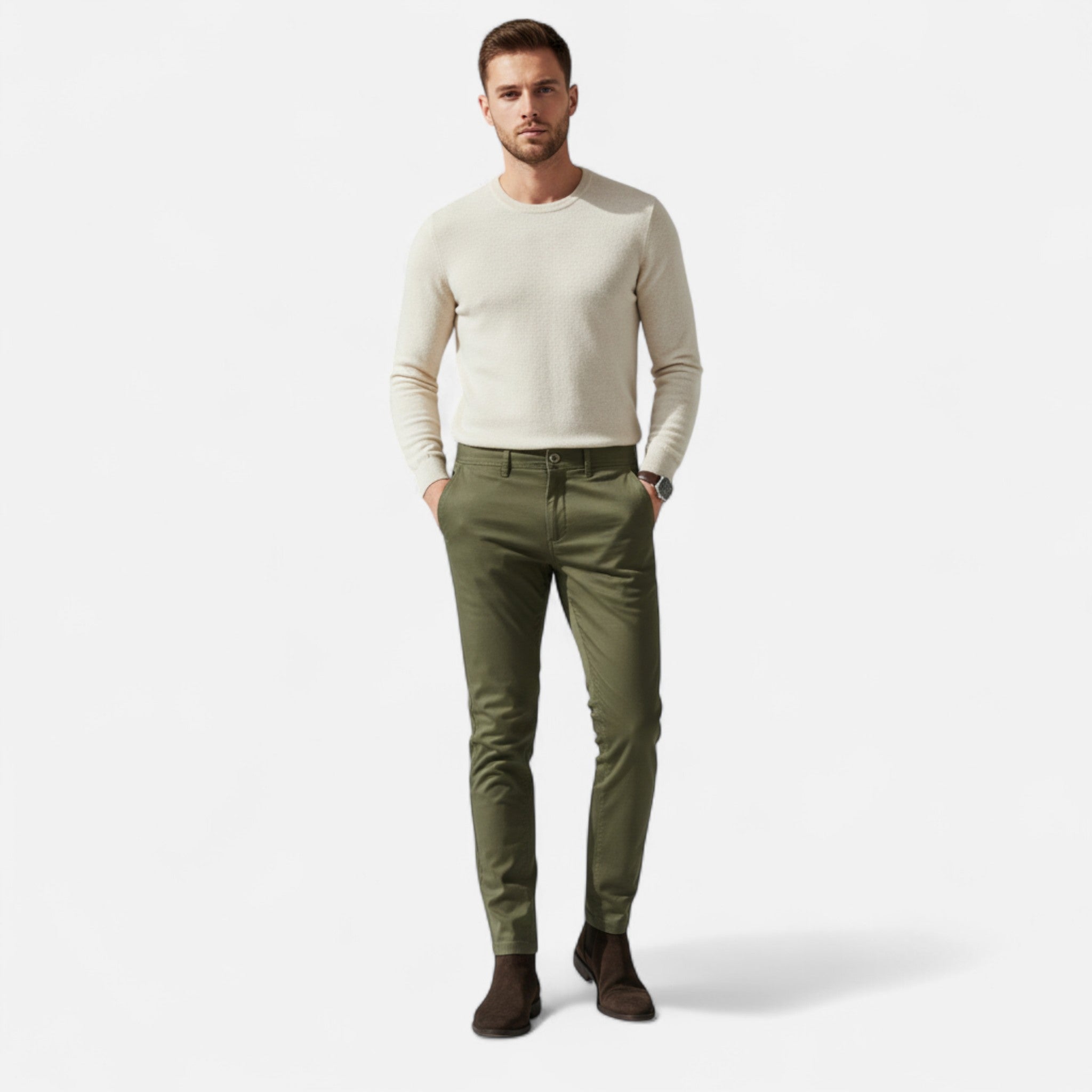 Calças chino de algodão para homem – Corte ajustado e estilo casual elegante para o dia a dia