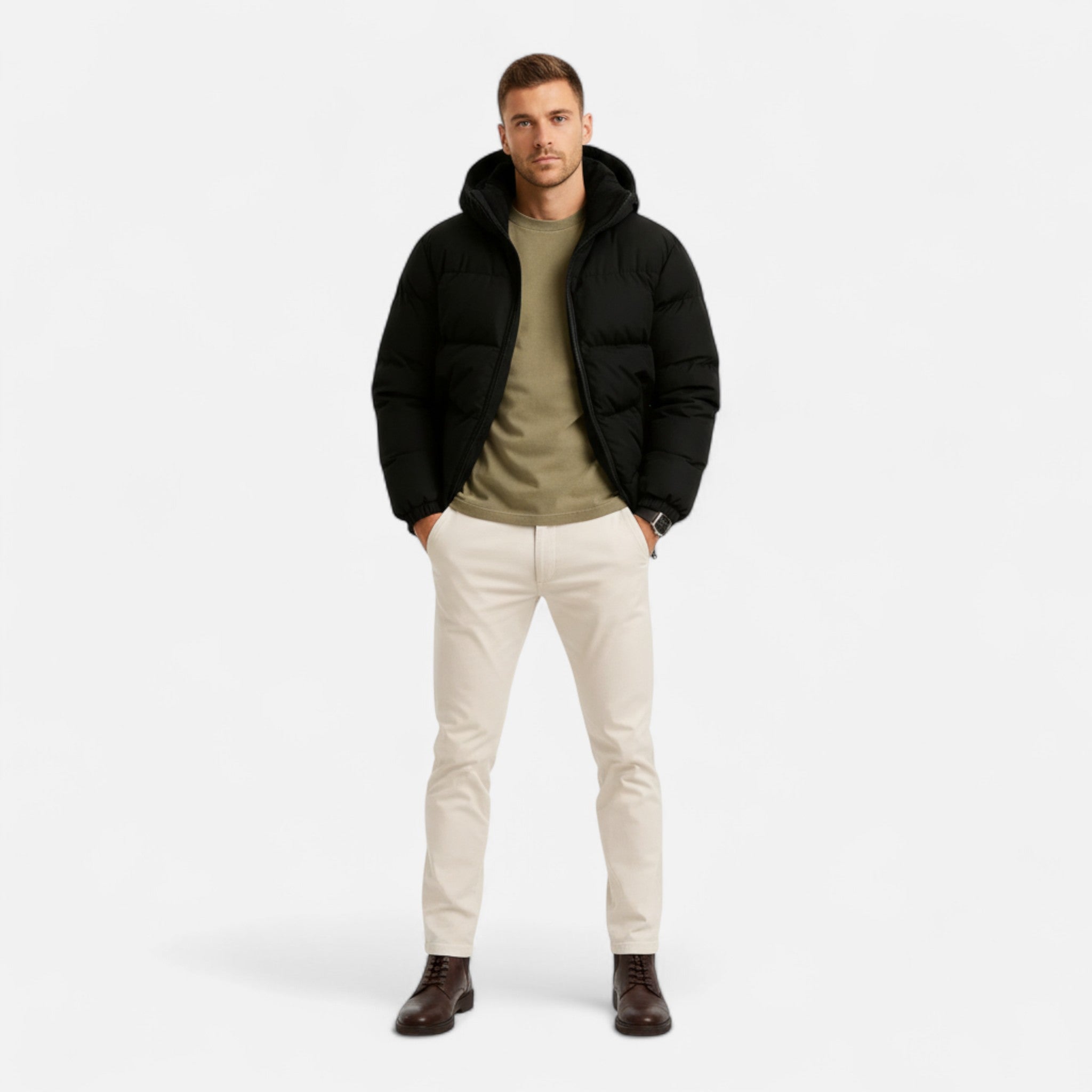 Herren-Polyester-Steppjacke – Kapuze sowie leichte und isolierende Passform