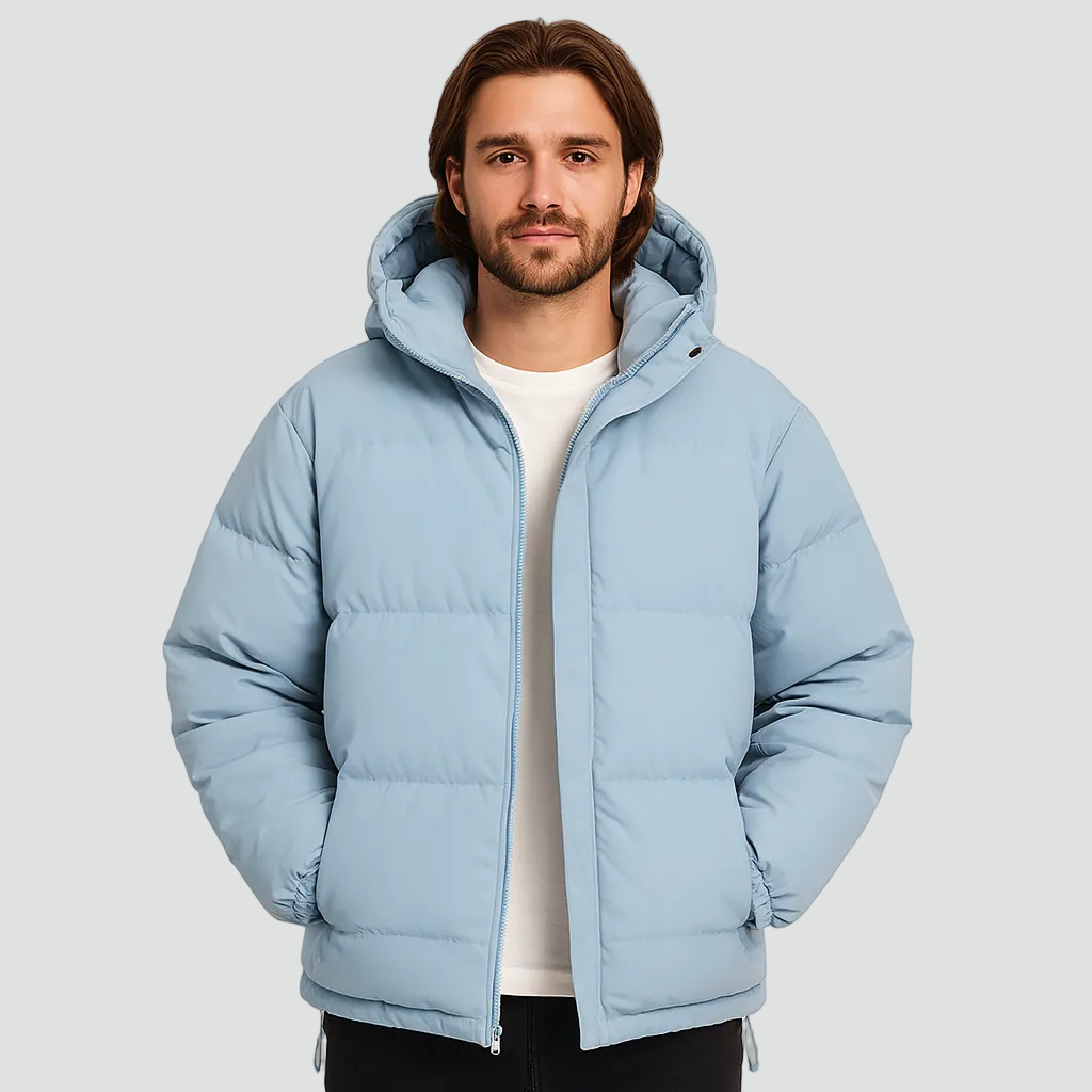 Men’s Quilted Puffer Jacket - Soft Hood and Elastic Cuffs, Regular Fit