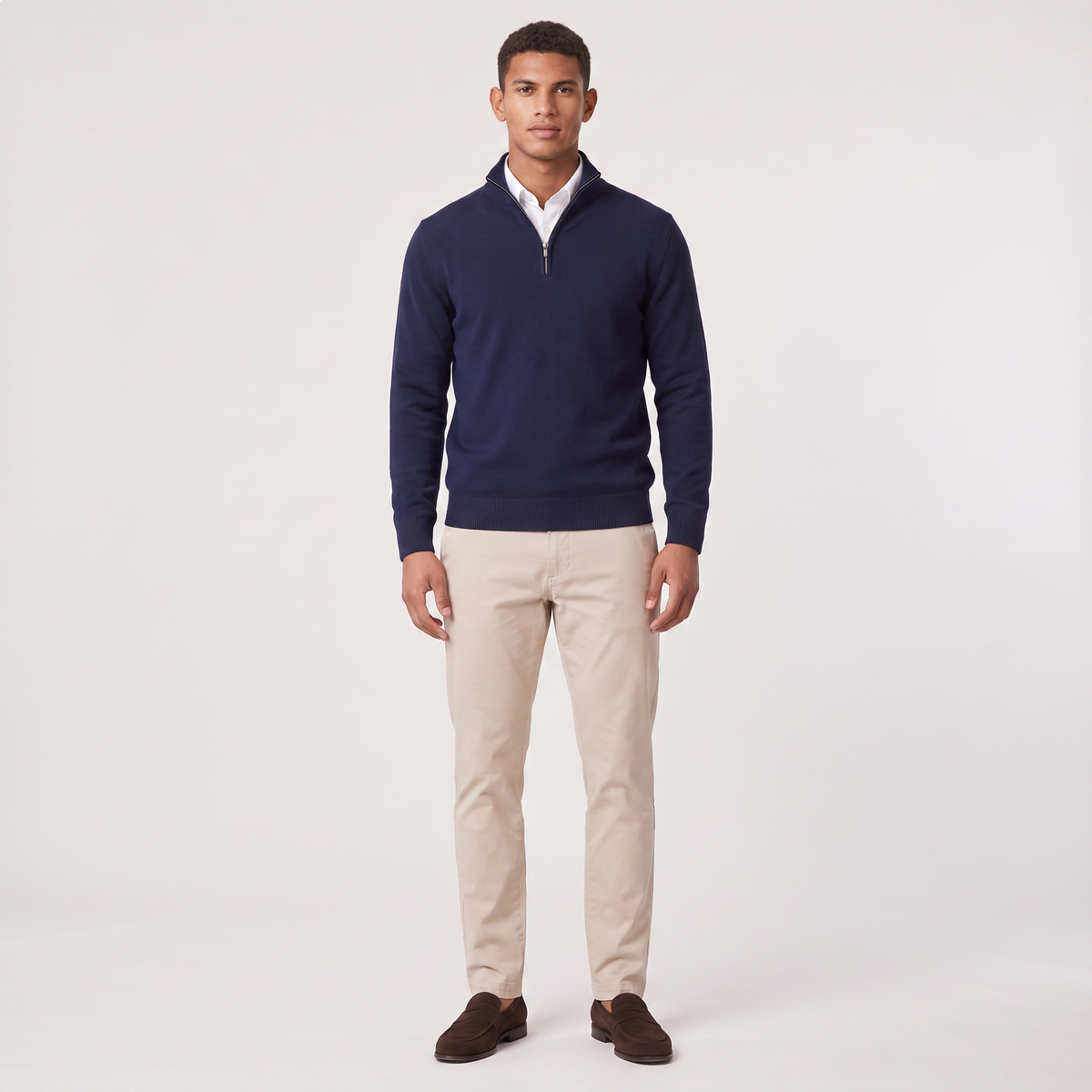 Herrenpullover - Stehkragen mit halbem Reißverschluss und reguläre Passform, lässig-eleganter Stil