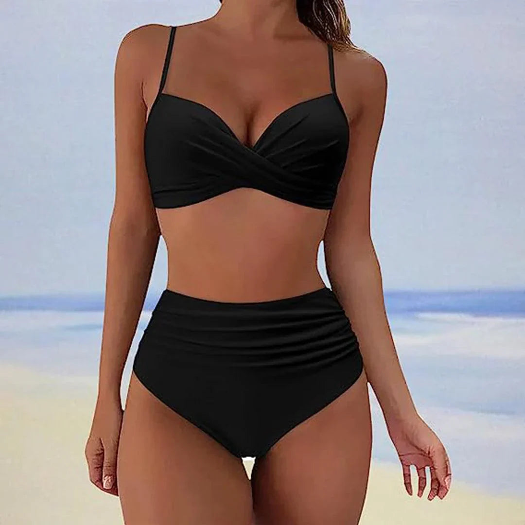 Maillot de bain deux pièces taille haute — bikini de plage avec drapé avant