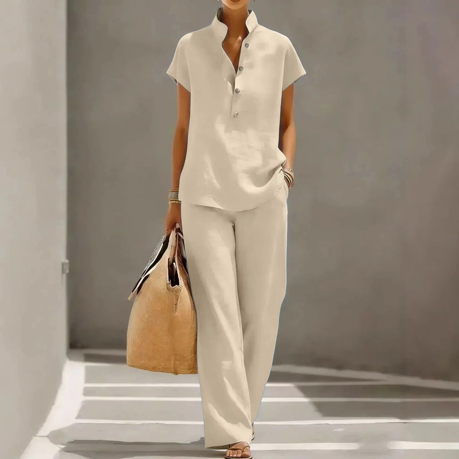 Ensemble deux pièces pour femme - mélange de lin - pantalon fluide voyage